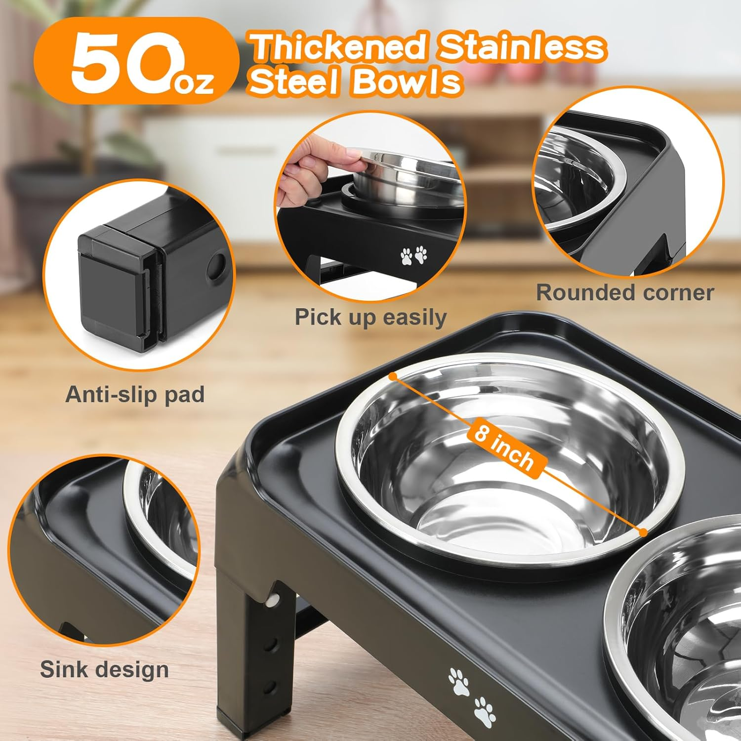 Elevated Dog Bowls, 4 Height Adjustable Raised Dog Bowl Stand with 2 Thick 50Oz Stainless Steel Dog Food Bowls Non-Slip Dog Feeder for Medium Large Dogs Adjusts to 3.7", 9.2", 10.75", 12.36" Black image number 4