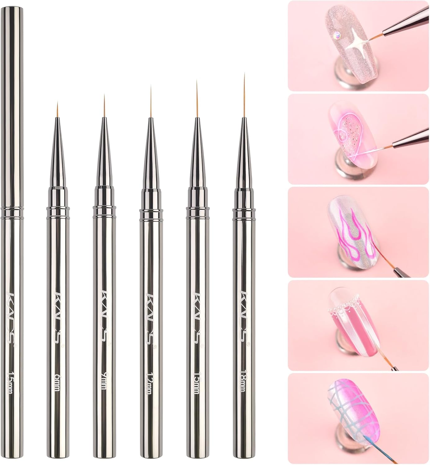 KADS Metal Handle Fine Liner Nail Brush 5 Sizes to Choose 6Mm/9Mm/12Mm/15Mm/18Mm Ultra-Thin Bristles Drawing Smudging Framing Lining (18Mm)