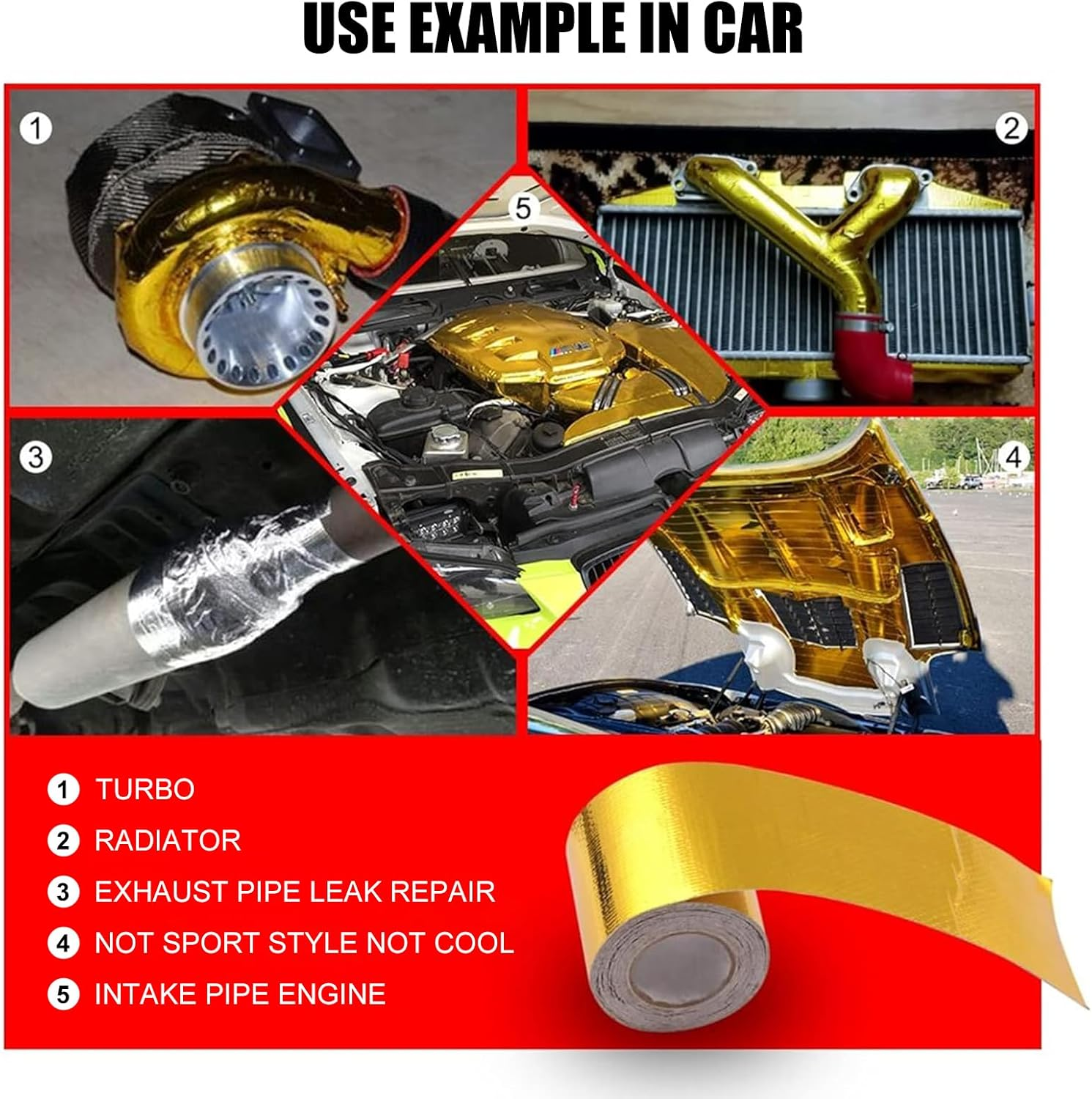 Sporacingrts 2PCS 2" X 65.6'（20M） Gold Adhesive Backed Heat Barrier Tape Glass Fiber Heat Shield Reflective Tape Wrap Roll Compatible with Car Intake Pipe Engine Bay Etc image number 2