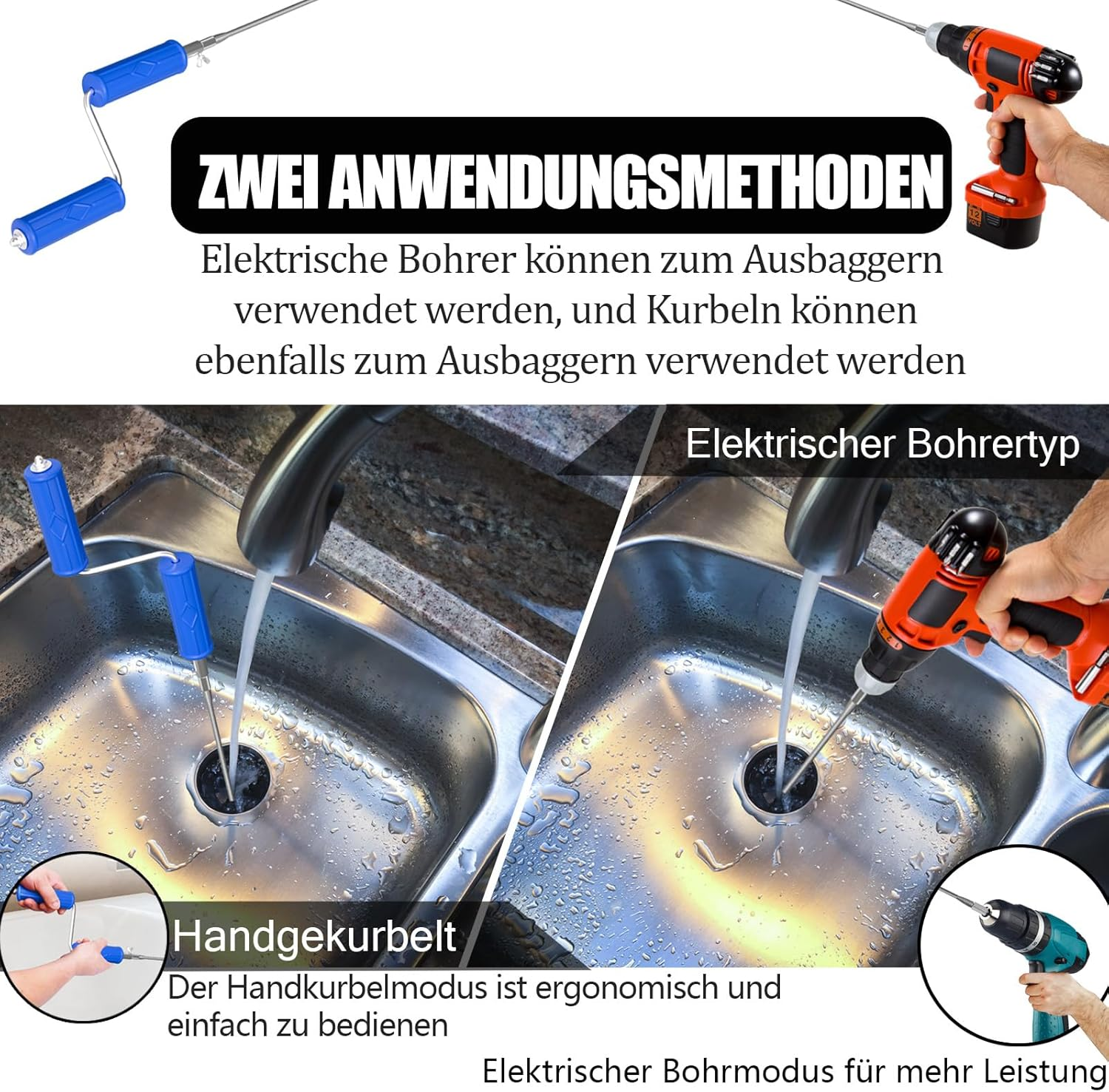 GYHMTOO Pipe Cleaning Spiral, Diameter 6 Mm, Drain Cleaner Spiral, Cleaning Spiral with Electric and Manual Adapters, Pipe Cleaner Spiral Pipe Cleaning Shaft, Efficient Pipe Spiral (6 Mm, 5 M) image number 4
