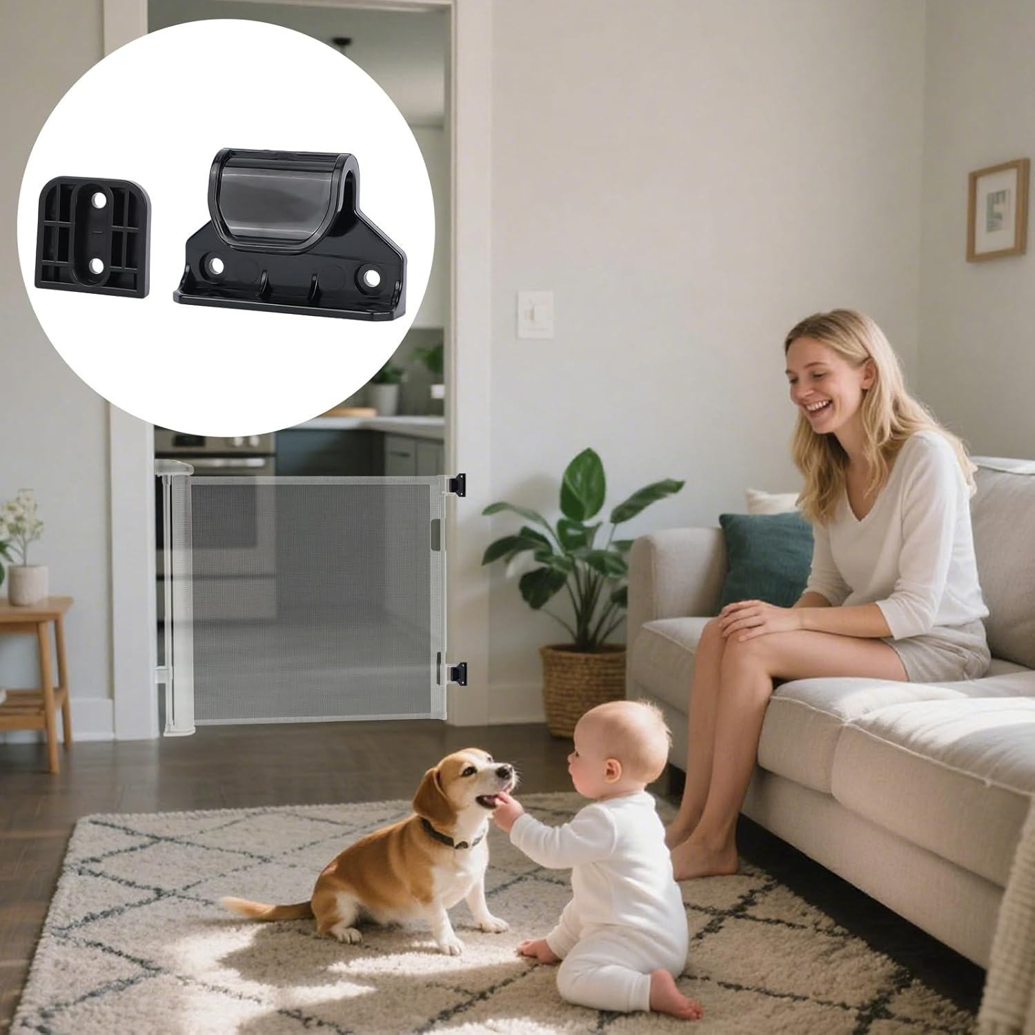Black Retractable Baby Gate Replacement Part, 55" W X 33" H Retractable Baby Gate Extension Kit with 2 Latches 2 Brackets & 1 Set of Screws for Telescopic Doors for Babies and Pets