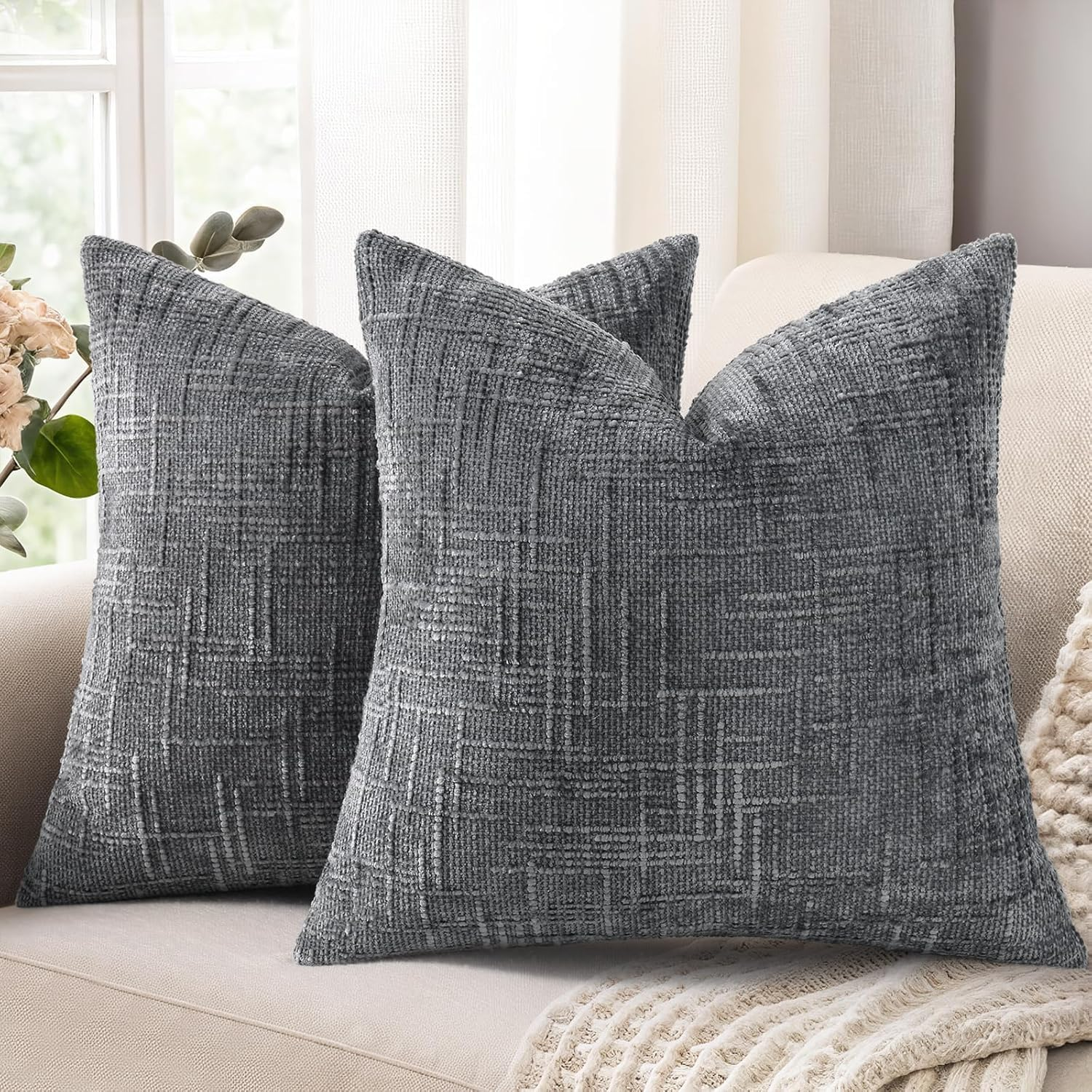Dark Grey Chenille Throw Pillow Covers 18X18 Set of 2 Thick Textured Slubby Couch Pillow Covers Farmhouse Accent Modern Neutral Decorative Pillow Cases for Bed Sofa Living Room