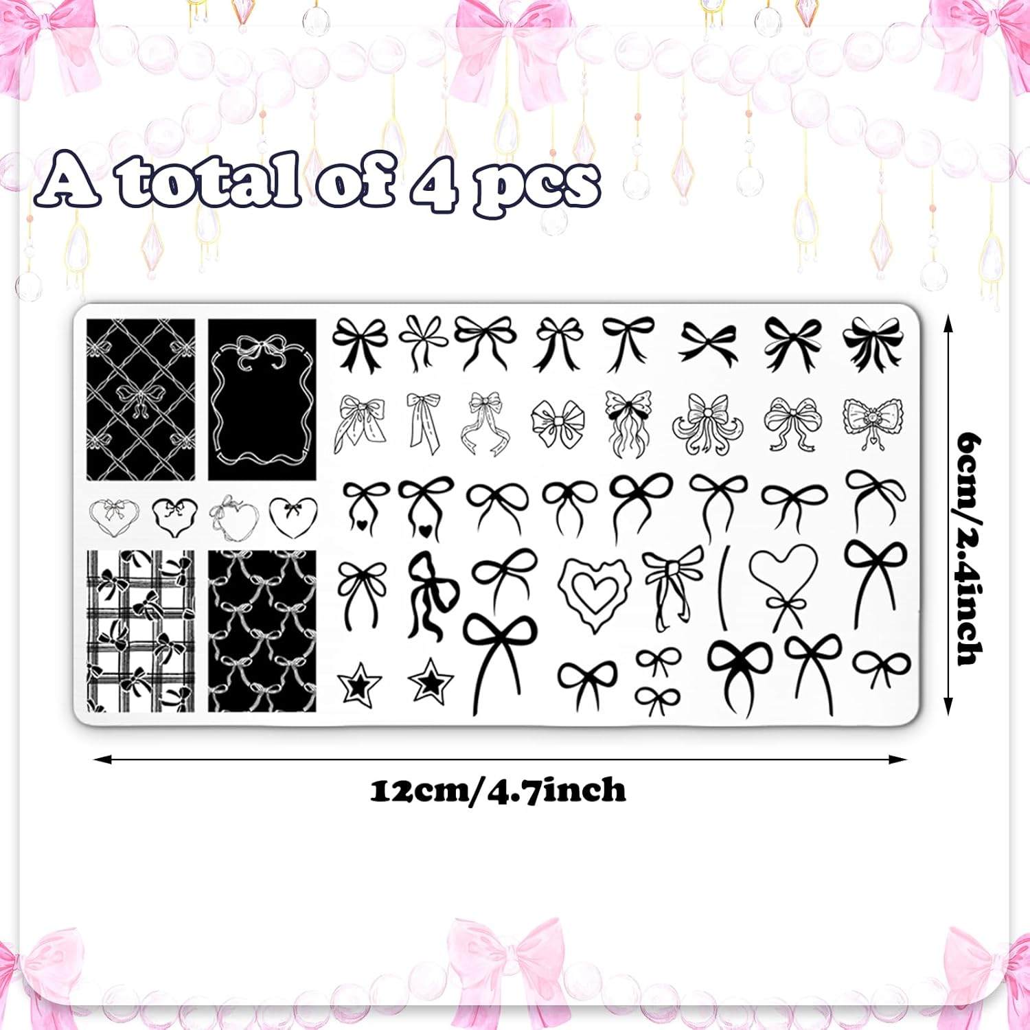 Jarthenaamcs 4Pcs Bow Nail Plates Stamping Set Heart Bear Bowknot Stamp Templates Nail Art Plates for Coquette DIY Print Manicure Salon Design image number 3