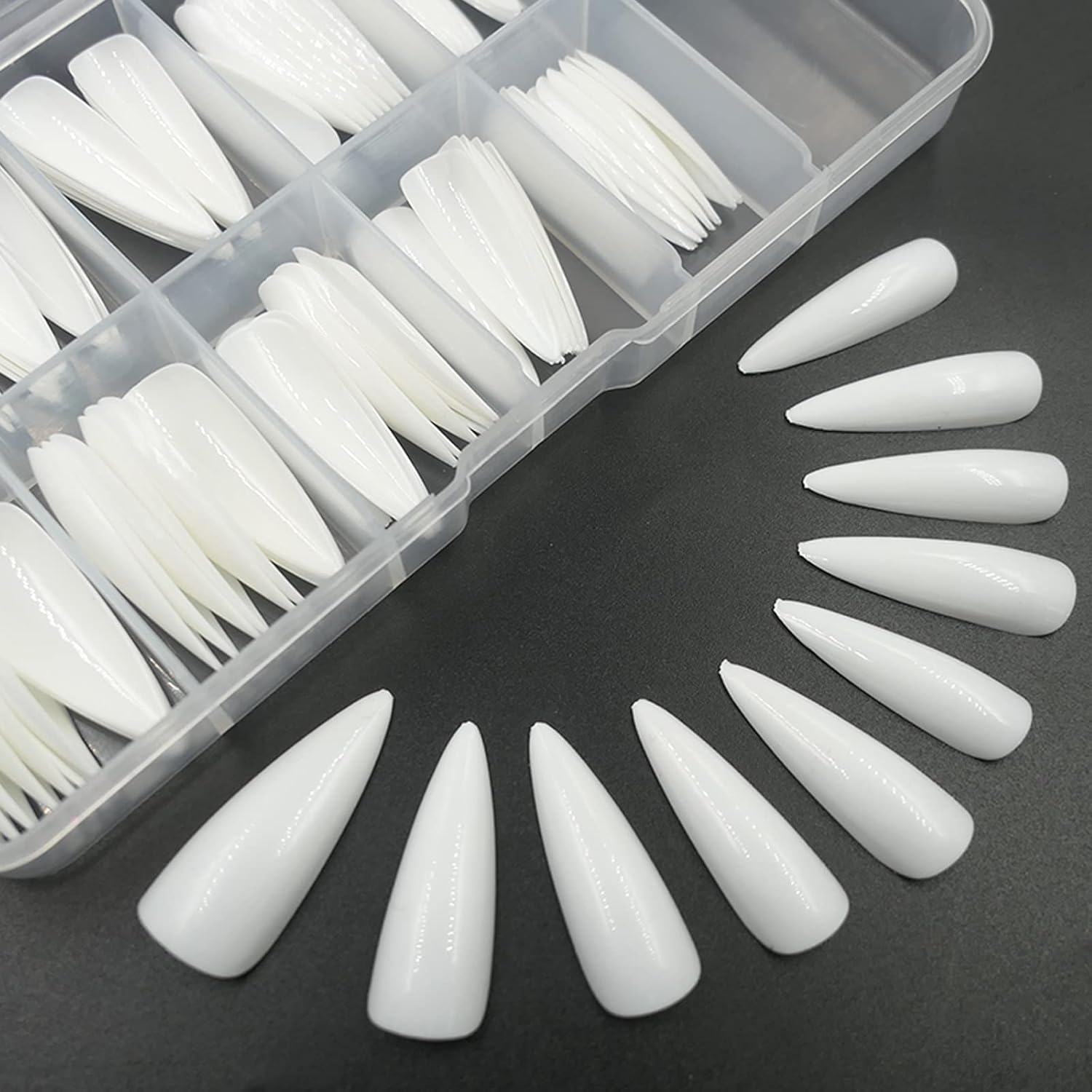 Medium Long Press on Nails,Glossy Fake Nail 100Pc Full Cover Acrylic Long Stiletto False Nail Art Tips Fingernails for Beginner Women and Girls Manicure(Peach Pink） image number 1