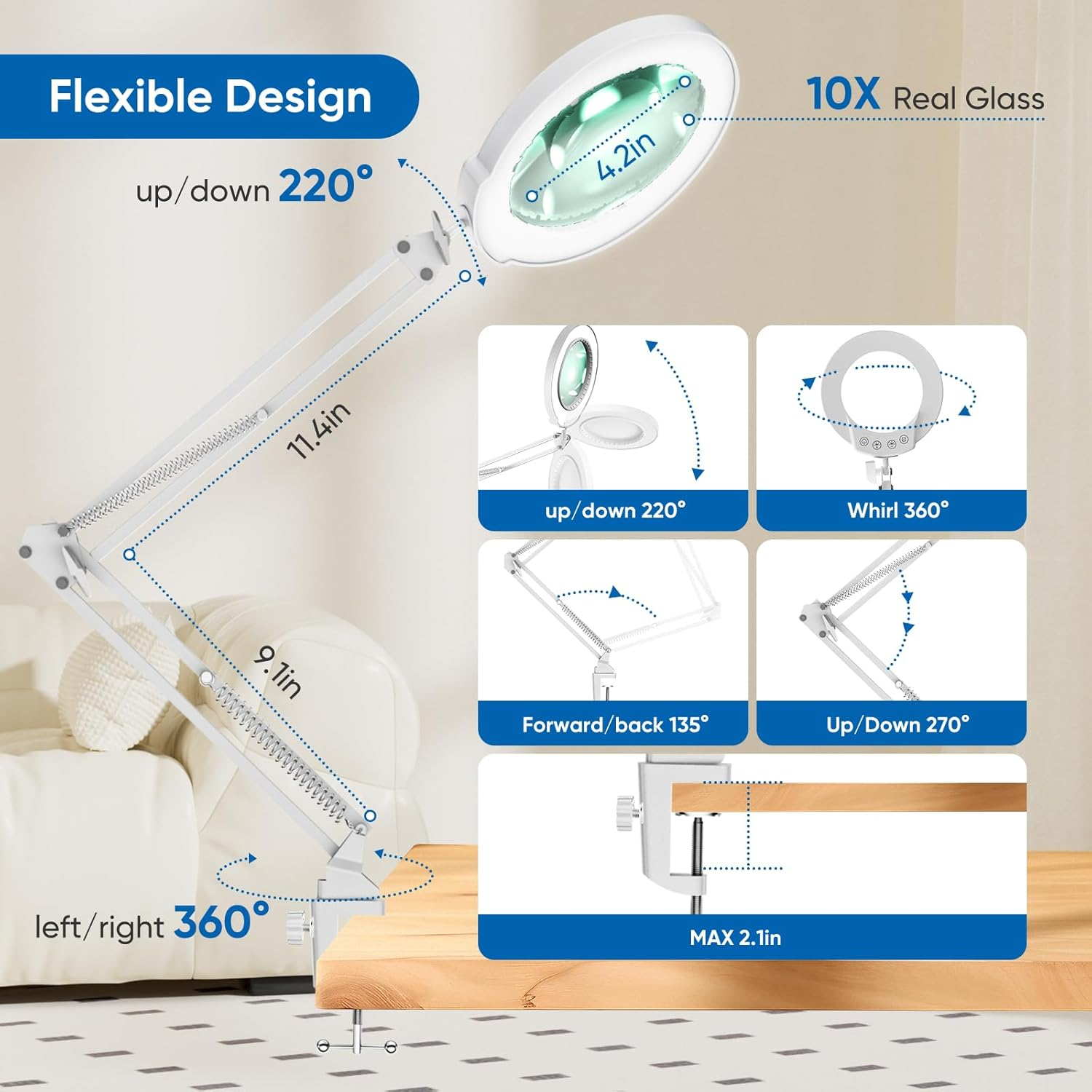10X Magnifying Glass with Light and Clamp, Real Glass Lighted Magnifier with 5 Color Modes & Stepless Dimmable, Hands Free Desk Lamp for Hobbies, Crafts, Reading and Close Work (White) image number 4