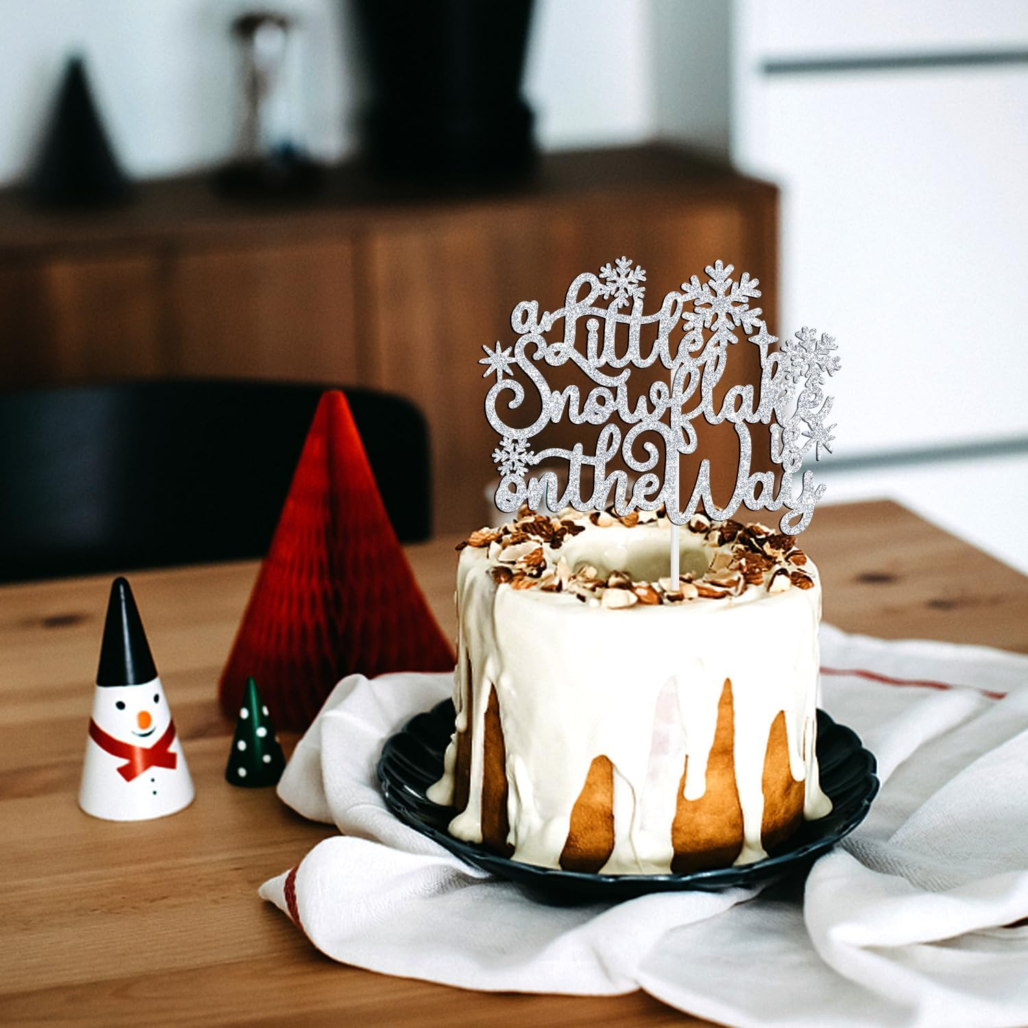 A Little Snowflake Is on the Way Cake Topper, Sweet Little Snowflake Christmas Cake Decor, Winter Wonderland Baby Shower/Gender Reveal Party Decorations Supplies for Boy or Girl, Silver Glitter image number 3