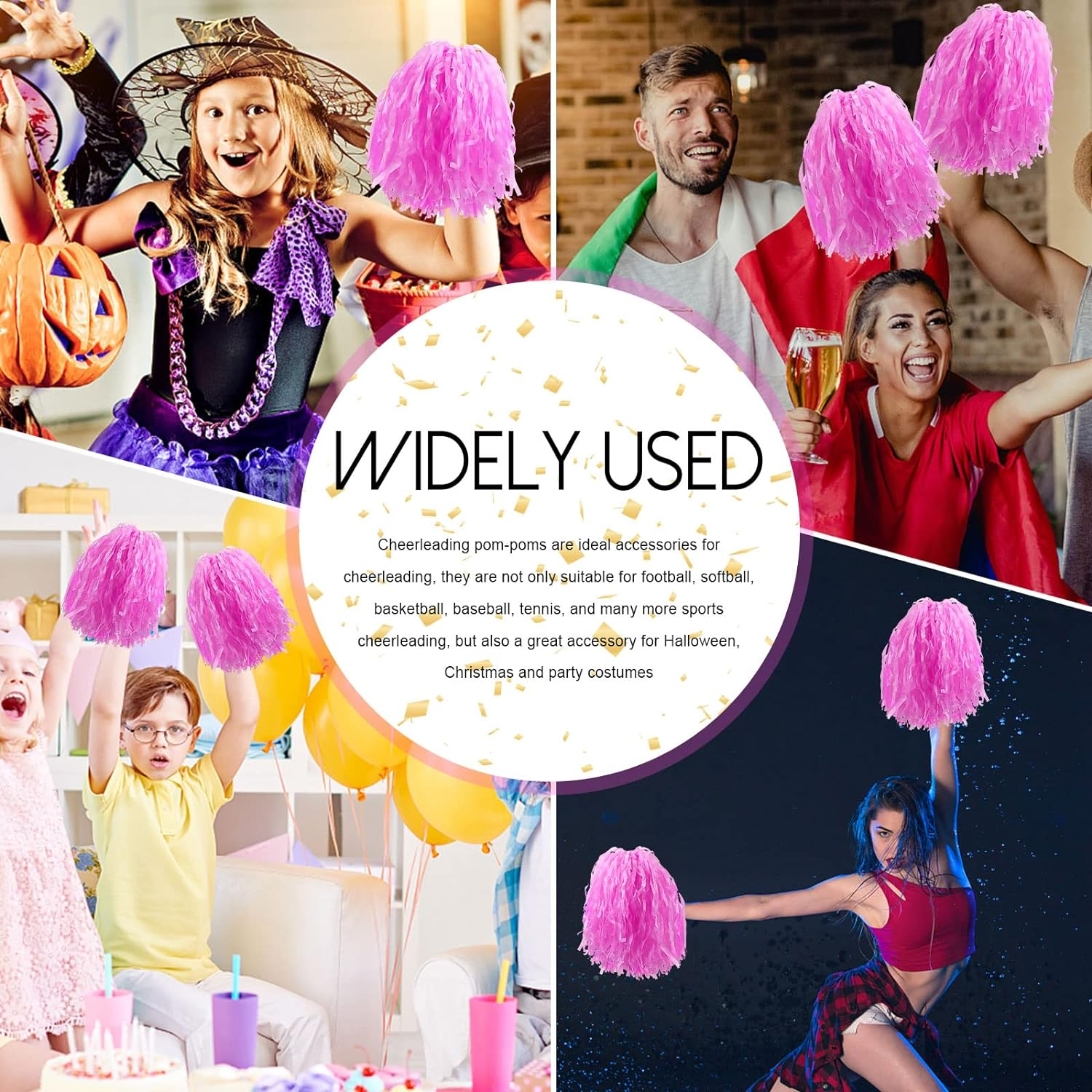 12 Pack Pink Plastic Cheerleading Pom Poms, Sports Dance Cheer Plastic Pom Pom for Rooters,Cheering Squard,Cheering Team(30 Grams Weight Each) image number 6