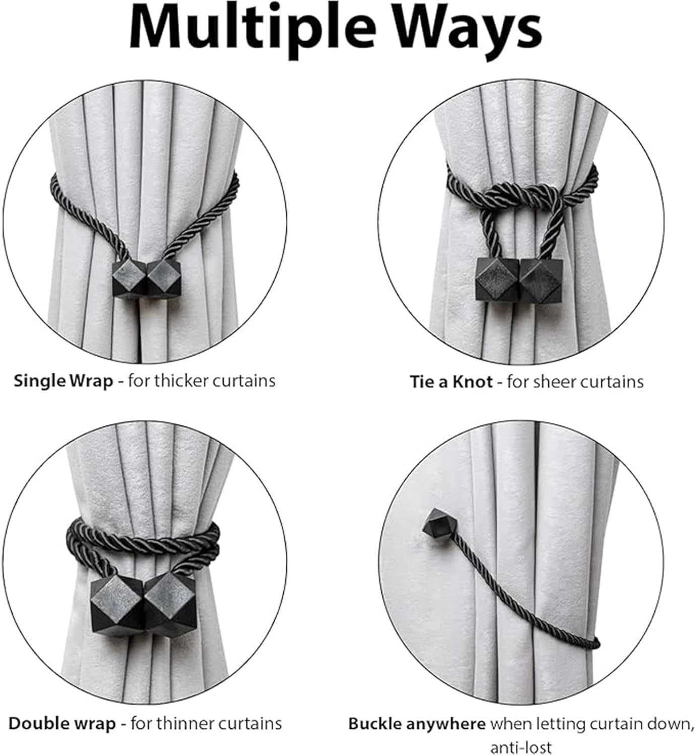 8 Packs Magnetic Curtain Tiebacks for Drapes, Decorative Drape Tie Backs Holdback Holder, Convenient Drape Tie Backs, Curtain Tie Backs Holdback Holder for Window Draperies, No Tools Required (White)