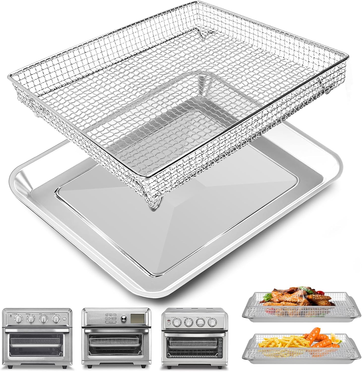 Air Fryer Basket Tray Replacement for Cuisinart TOA-60 TOA-65 TOA-70 Toaster Air Fryer Convection Oven, 12.2 * 11''Mesh Air Fryer Stainless Steel Basket Wire Rack Accessories Parts, Dishwasher Safe image number 3