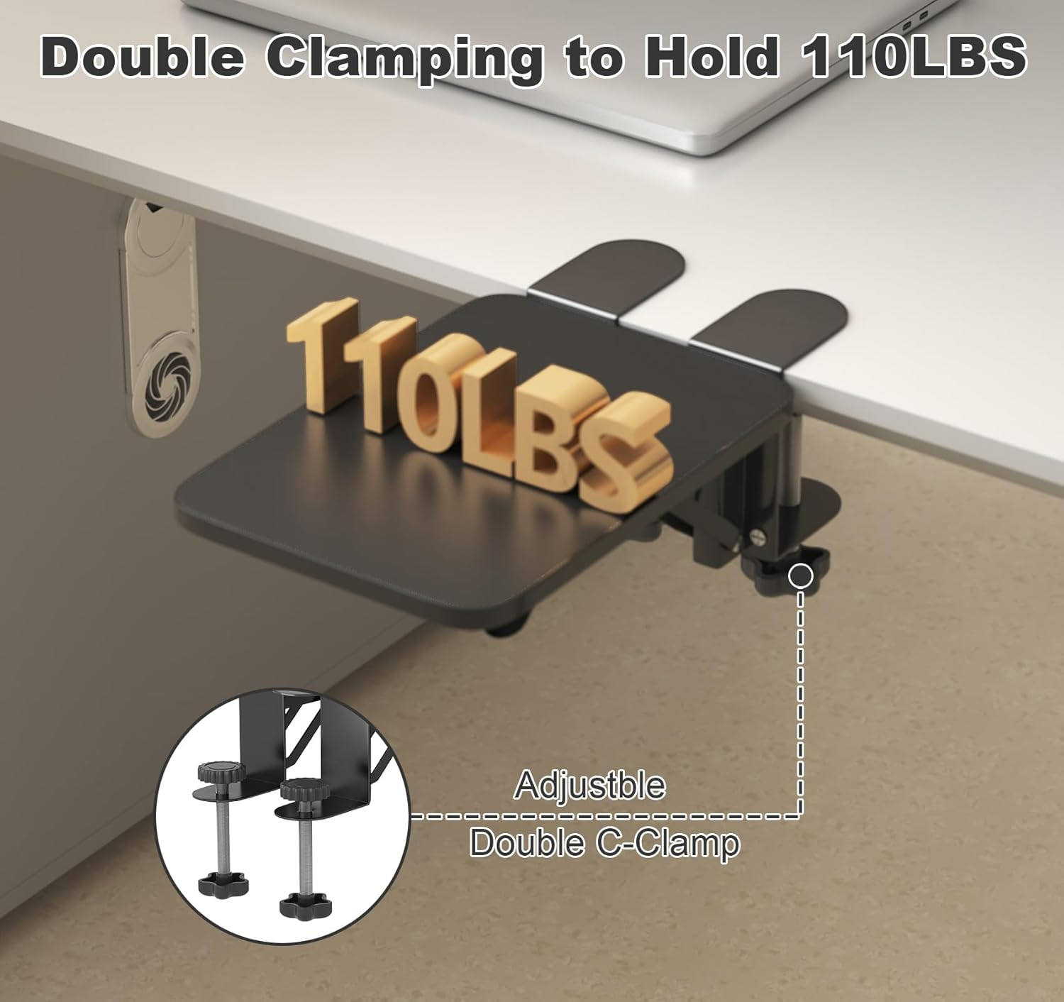 WYJREES Computer Arm Rest for Desk,Ergonomics Desk Extender Tray,9.84"X7.88" Clamp on Arm Wrist Rest Shelf,90&deg; Foldable Elbow Arm Support,Suitable for Office Desks-Black image number 3