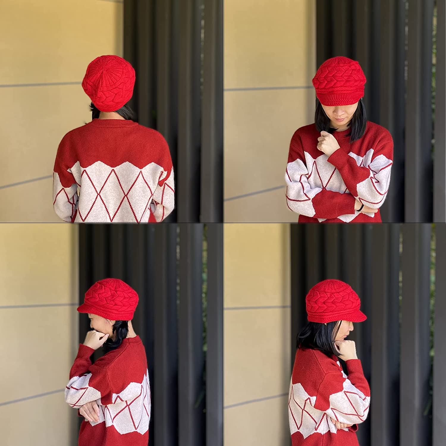 Womens Winter Hat with Brim, Beanie with Warm Fleece Lined & Visor for Women Wool Knit Newsboy Cap S-Y-H4 image number 2