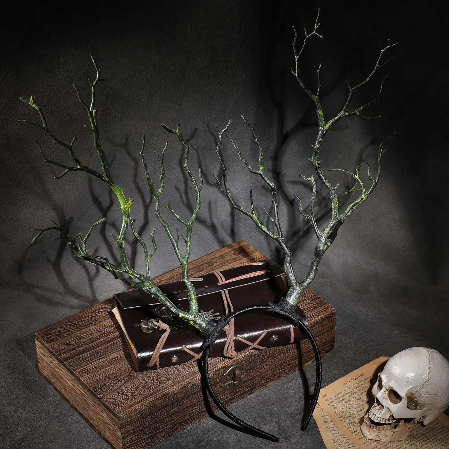 MOSTORY Woodland Branch Antler Headdress - Green Tree Branch Headband, Large Forest Headband for Women, Renaissance Cosplay Renfaire Halloween Outfit, Woodland Fairy Costume image number 2