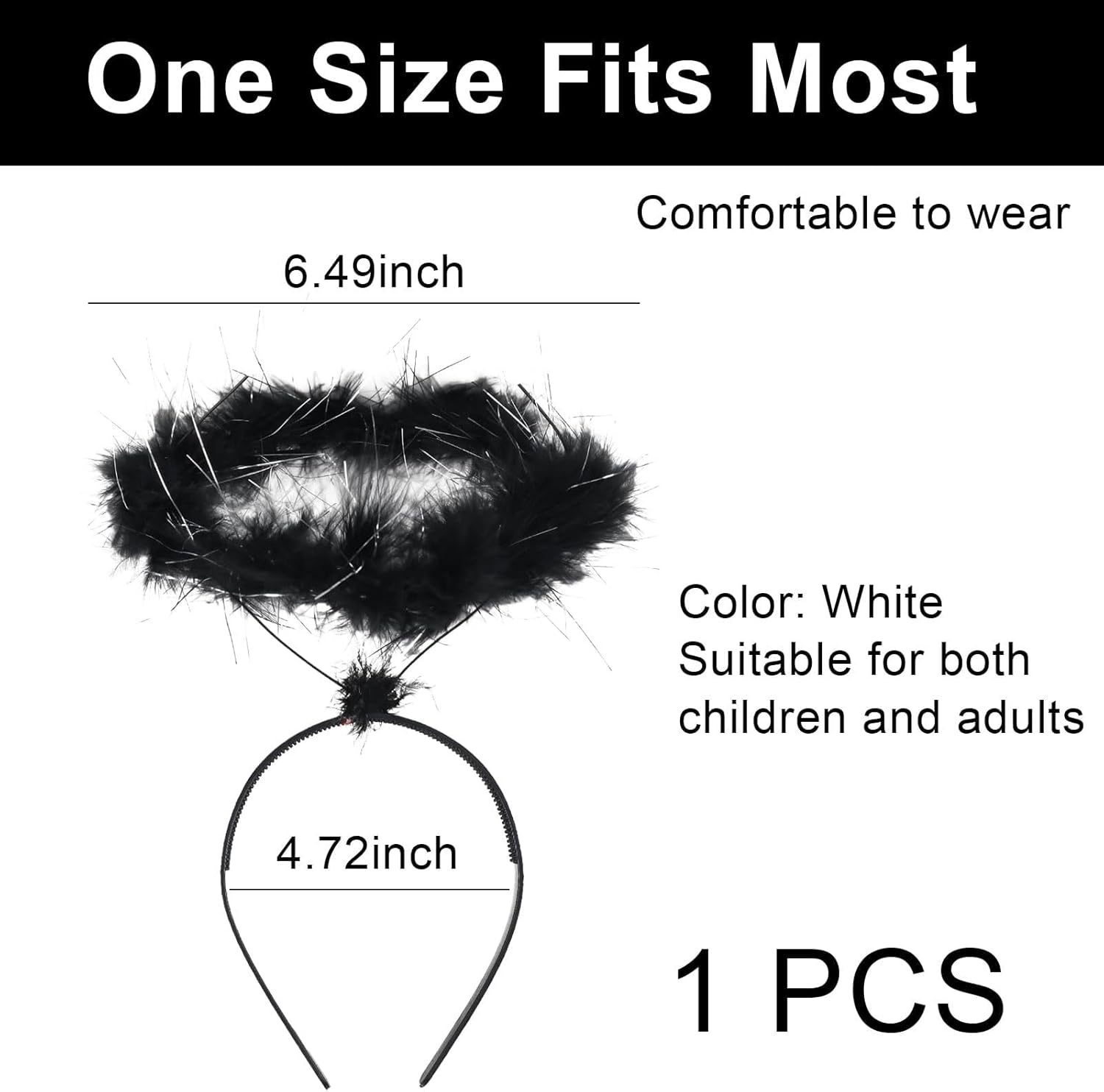 Headband Halo Black - Angel Costume Accessories for Children Women Men Headband Angel Hair Accessories for Halloween, Fancy Dress & Carnival Party Headband for Black Angel with Feather Wreath image number 4