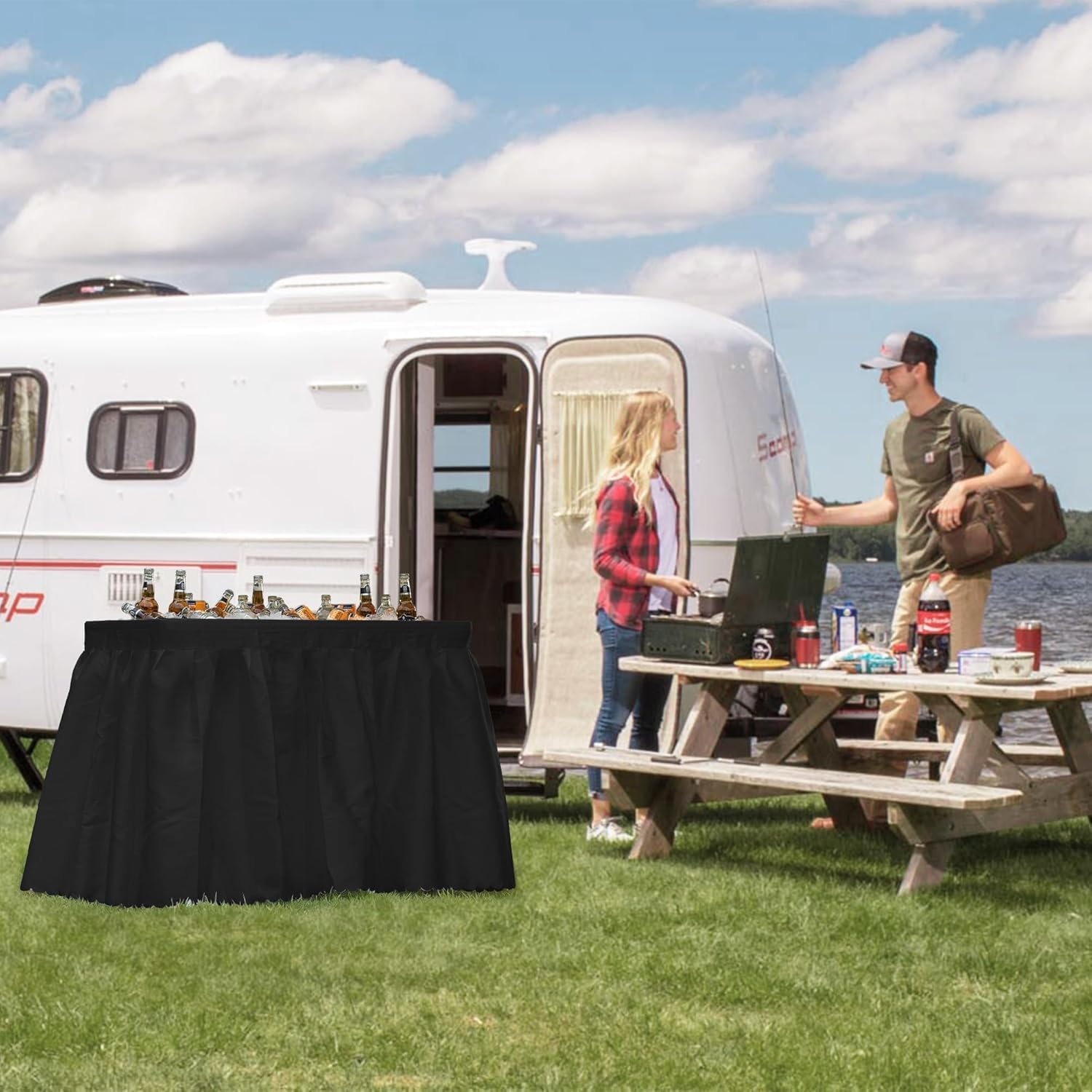 Outdoor Ice Cooler Folding Table, Portable Tailgate Camping Fishing Cleaning Table, Plastic with Matching Skirt, Ice Table for Party, BBQ, Camp, Picnic, Wedding (Black) image number 2