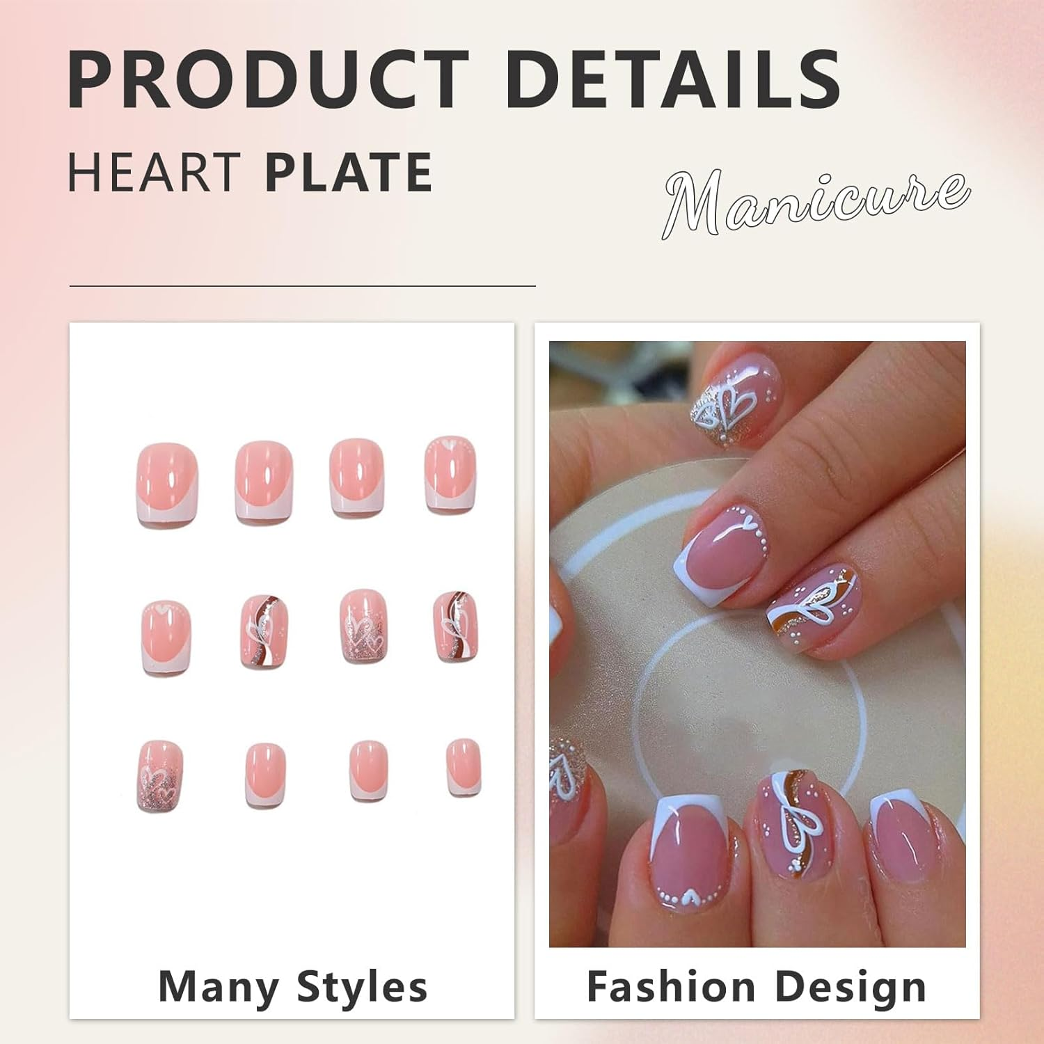 Cosmeria Press on Nails Set, 24 Pieces Fake Nails with Heart Design, Easy to Use with Jelly Glue, Includes Nail File and Cleaning Kit image number 2