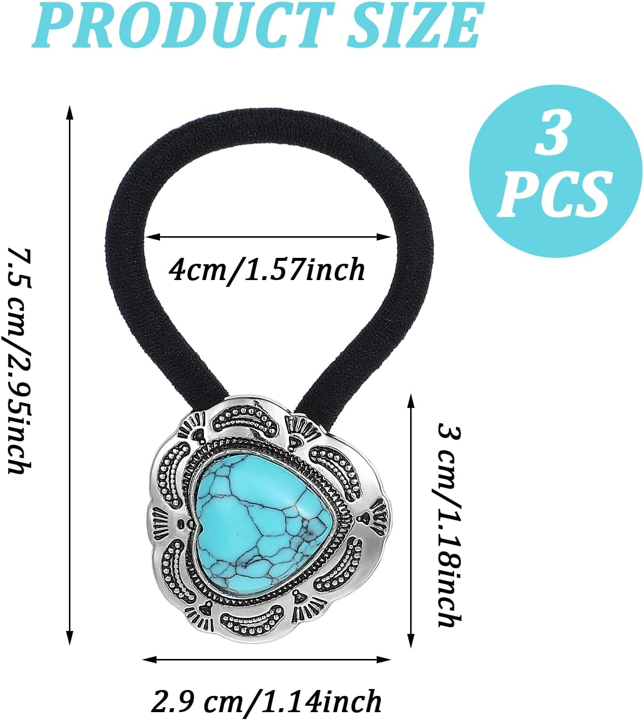Ouligay 3 Pcs Western Ponytail Holders,Metal Boho Hair Ties with Turquoise,Boho Hair Ties Bracelet Hair Ties No Damage,Vintage Heart Hair Ropes,Silver Hair Bands,Hair Accessories for Women Girl image number 1