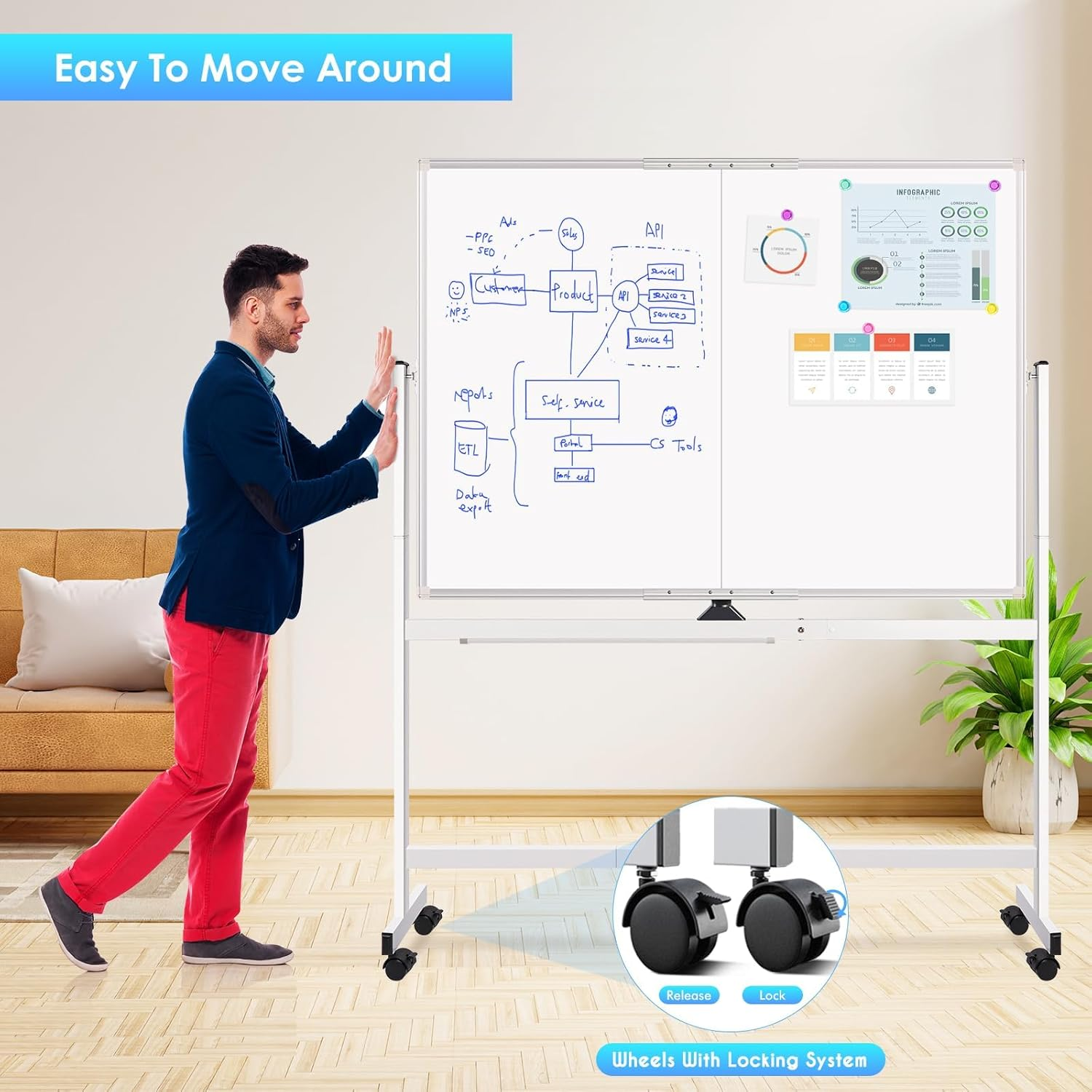 Rolling Whiteboard, 120X90Cm Large Magnetic White Board with Stands, Big Double-Sided White Board Dry Erase on Wheels for Homeschool, Home Office, Office, School