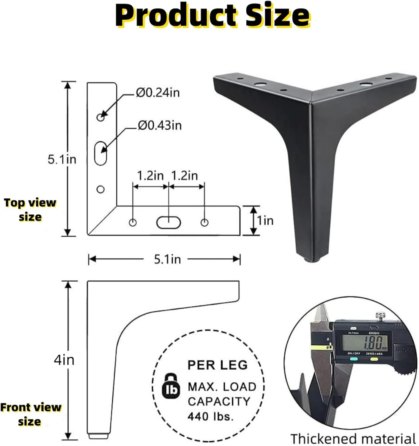 4Inch/10Cm Metal Cabinet Legs,Modern Style Furniture Replacement Legs for Sofa, Dresser & Cupboard with Screws,Rustproof,Easy Install,Black 4Pack image number 2