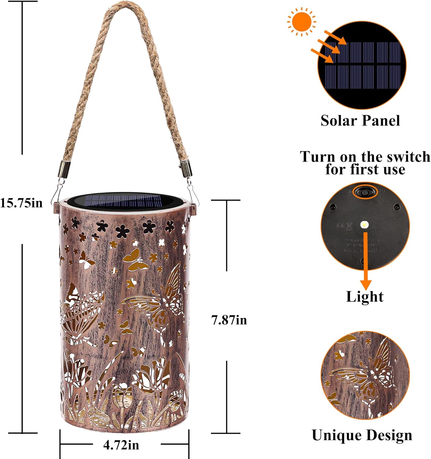 Toodour Solar Lantern Outdoor, Butterfly Gifts for Mom Grandma Women Hanging Solar Outdoor Lights Waterproof, Hollow Out Retro Metal Butterfly Lights for Patio, Balcony, Walkway, Yard Decorations image number 5