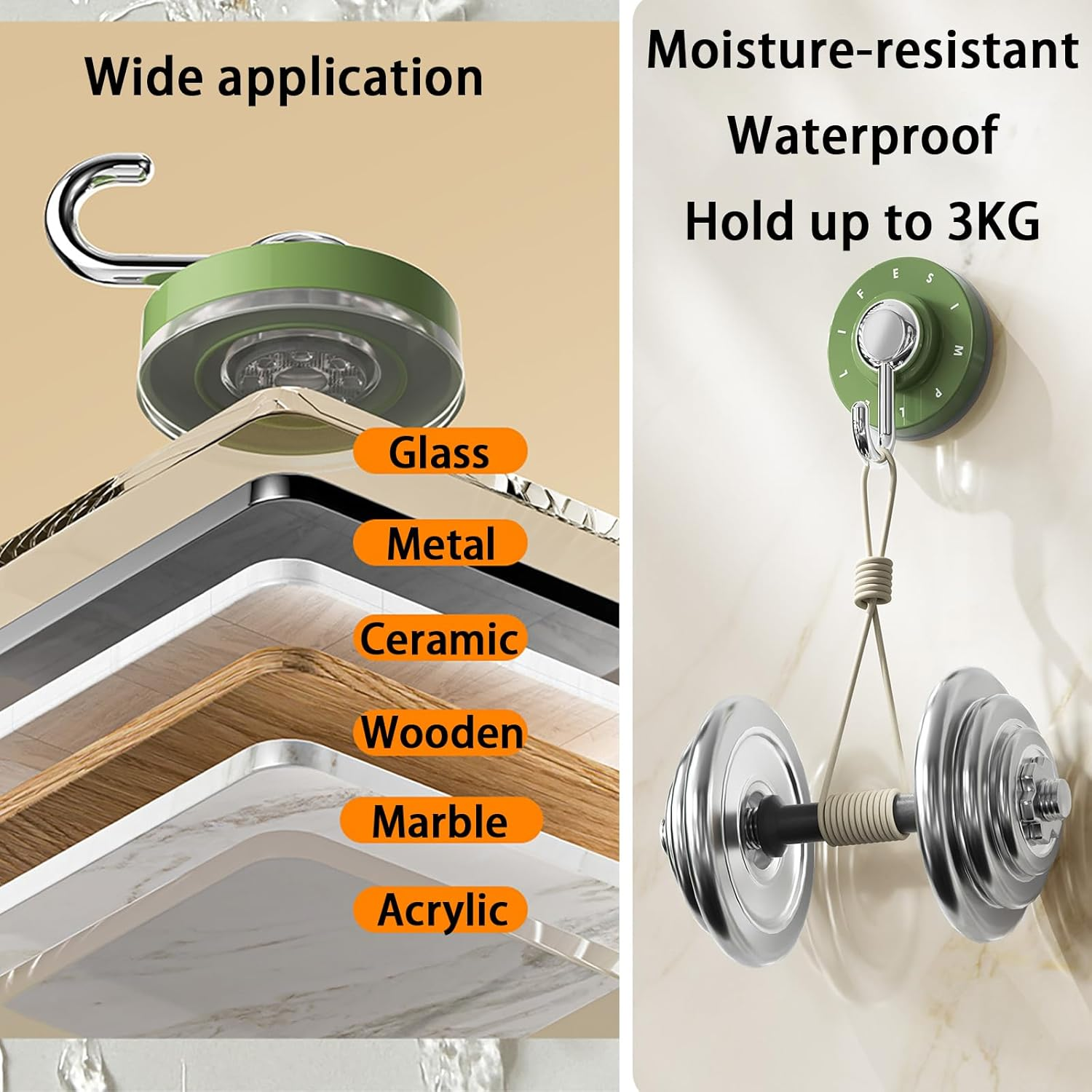 Aofly 3 Pcs Suction Cup Hooks, Key Holder Wall Mount, Door Hanger, Waterproof Wall Hooks for Shower Towel, Coat, Key, Hat, Reusable Vacuum Suction Hooks for Bathroom Kitchen (Brown) - Green image number 6