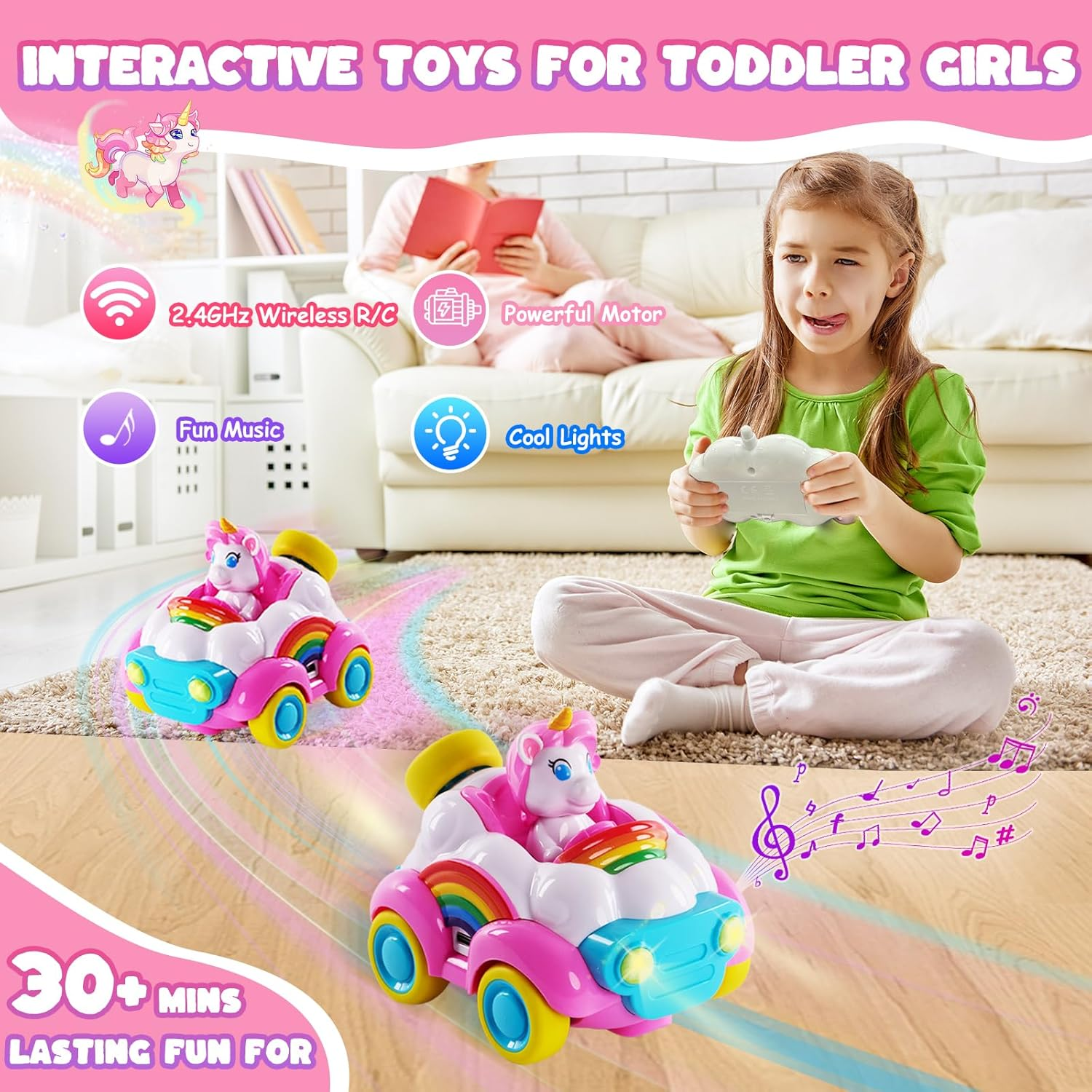 Remote Control Car, Pink Unicorn RC Cars, Cartoon RC Race Car with Cute Cool LED Lights, Toy Car with Music & Sound Toy for Toddler Kids, Baby Toys Birthday Gifts for Kids Girl Age 1 2 3 image number 6