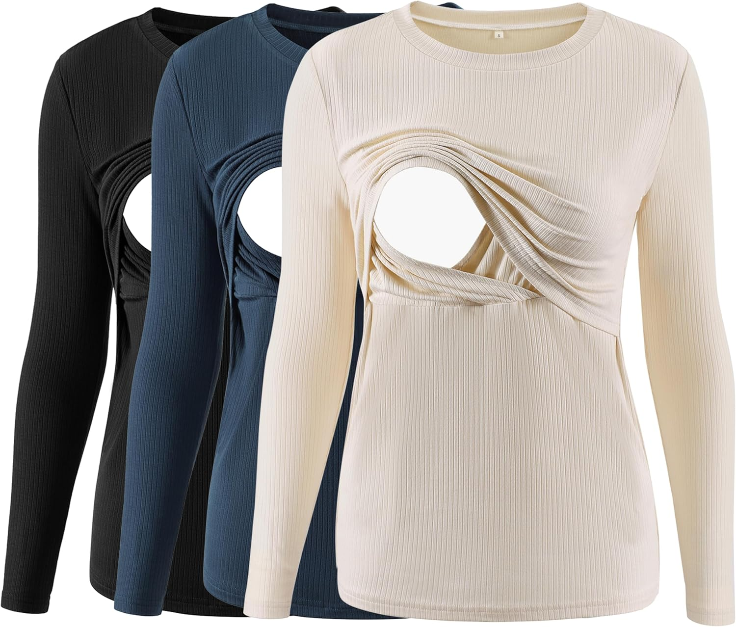 Love2Mi Pack of 3 Women'S Nursing Shirt Ribbed Long Sleeve Nursing Tops Double Layer Maternity Wear T-Shirt Maternity Clothing
