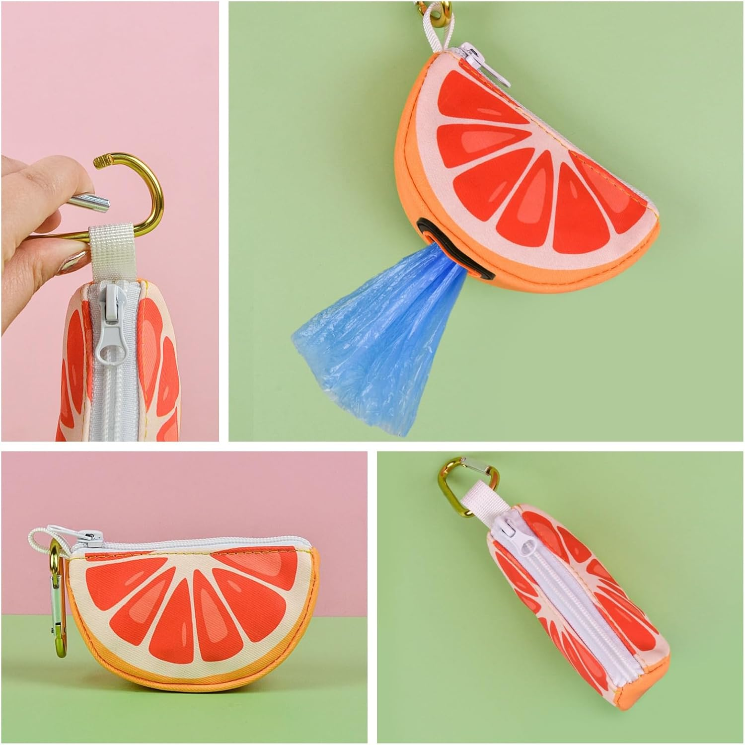 Grapefruit Design Waterproof Waste Bag Dispenser with Zipper, Portable Dog Poop Bag Holder with 15 Bags (Grapefruit Pink) - Lime Green image number 2