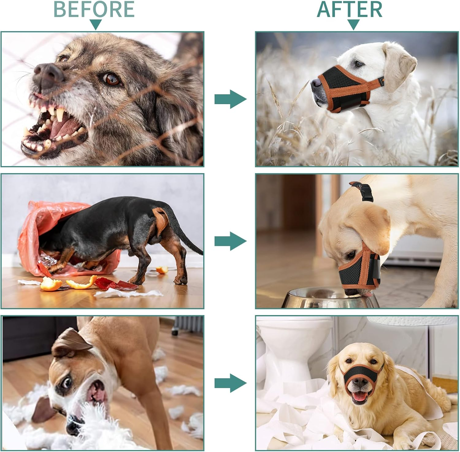 HEELE Dog Muzzle Dog Muzzles Breathable Mesh and Durable Nylon Dog Muzzle with Adjustable Loop and Soft Padding Dog Training Muzzle Prevent for Barking Biting and Chewing, Brown, L