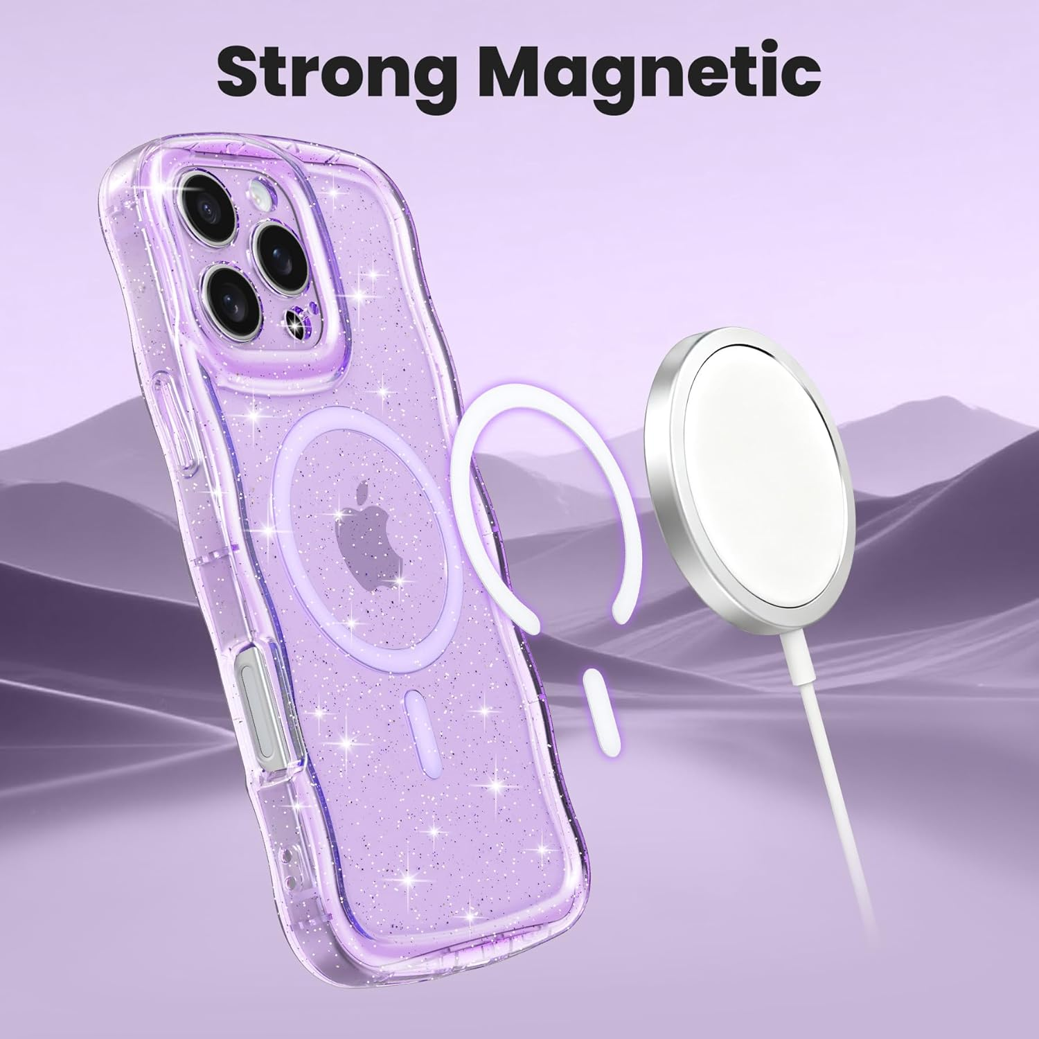 ZTOFERA for Iphone 16 Pro Case, Compatible with Magsafe,Clear Cute Sparkly Bling Glitter Curly Wavy Frame for Women Girls Men,Phone Case for Iphone 16 Pro, Purple image number 4