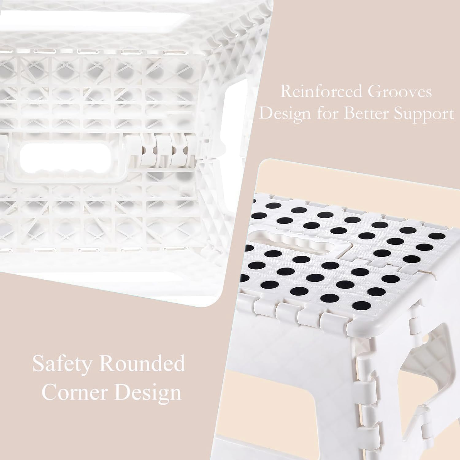 Folding Step Stool, Plastic Foldable Step Stool for Kids Adults - Holds up to 310 Lbs Foot Stool with Non-Slip Surface, Carry Handle for Kitchen Bathroom Bedroom (White) image number 1