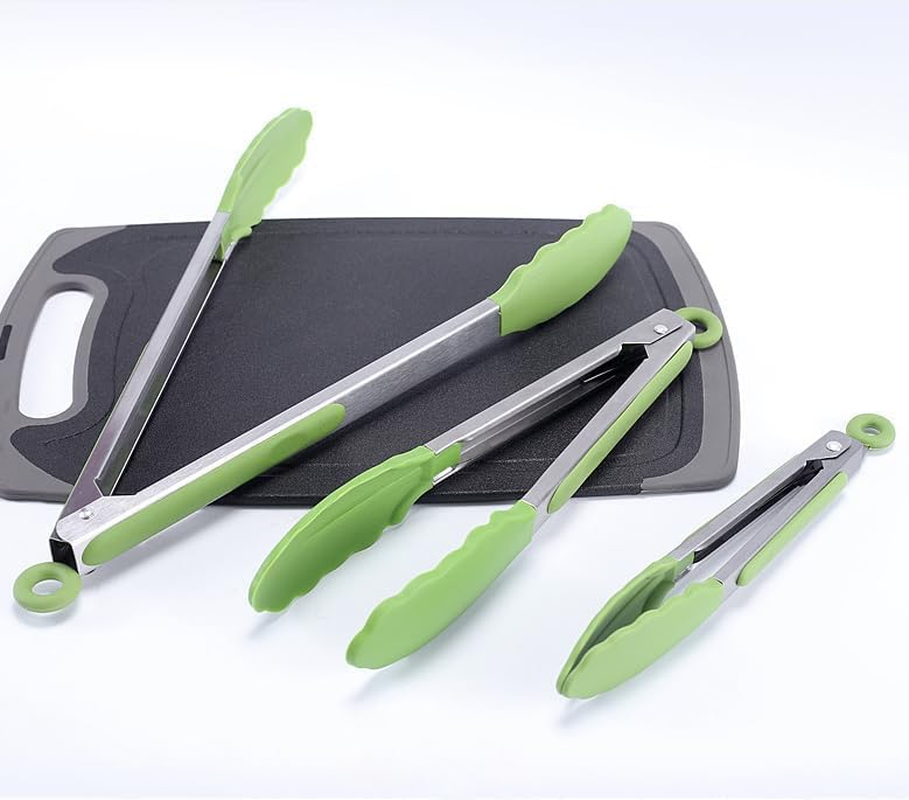3Pcs (7", 9" & 12") Set Silicone Heat Resistant Kitchen Tongs,Premium Locking Cooking Tongs with Silicone Tips, Non-Slip Food Tongs for Cooking, Non-Stick, Stainless Steel Handle (Grass Green) - Grass Green image number 6