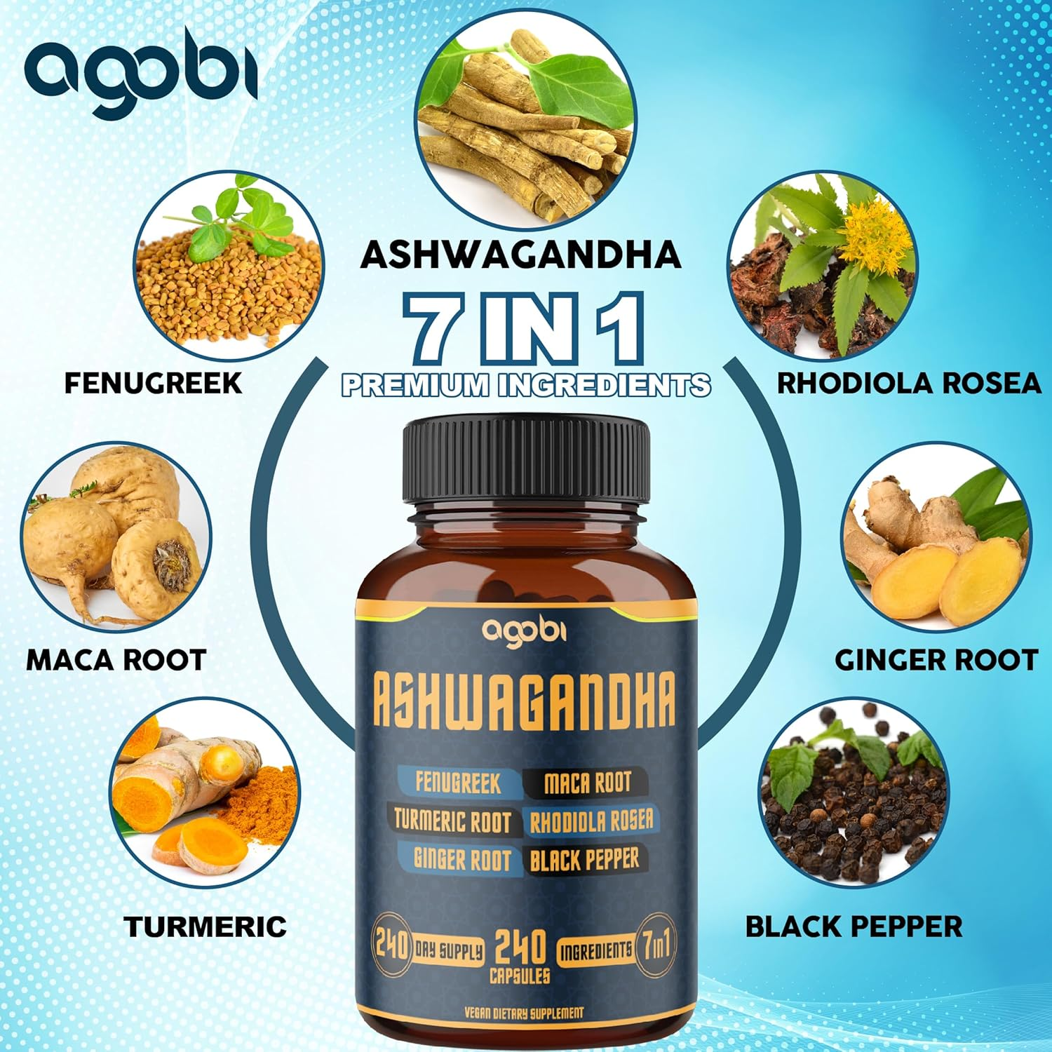 240 Capsules - 8 Month Supply - Ashwagandha Supplement - 7In1 Combined Fenugreek, Maca, Turmeric, Rhodiola, Ginger & Black Pepper image number 1