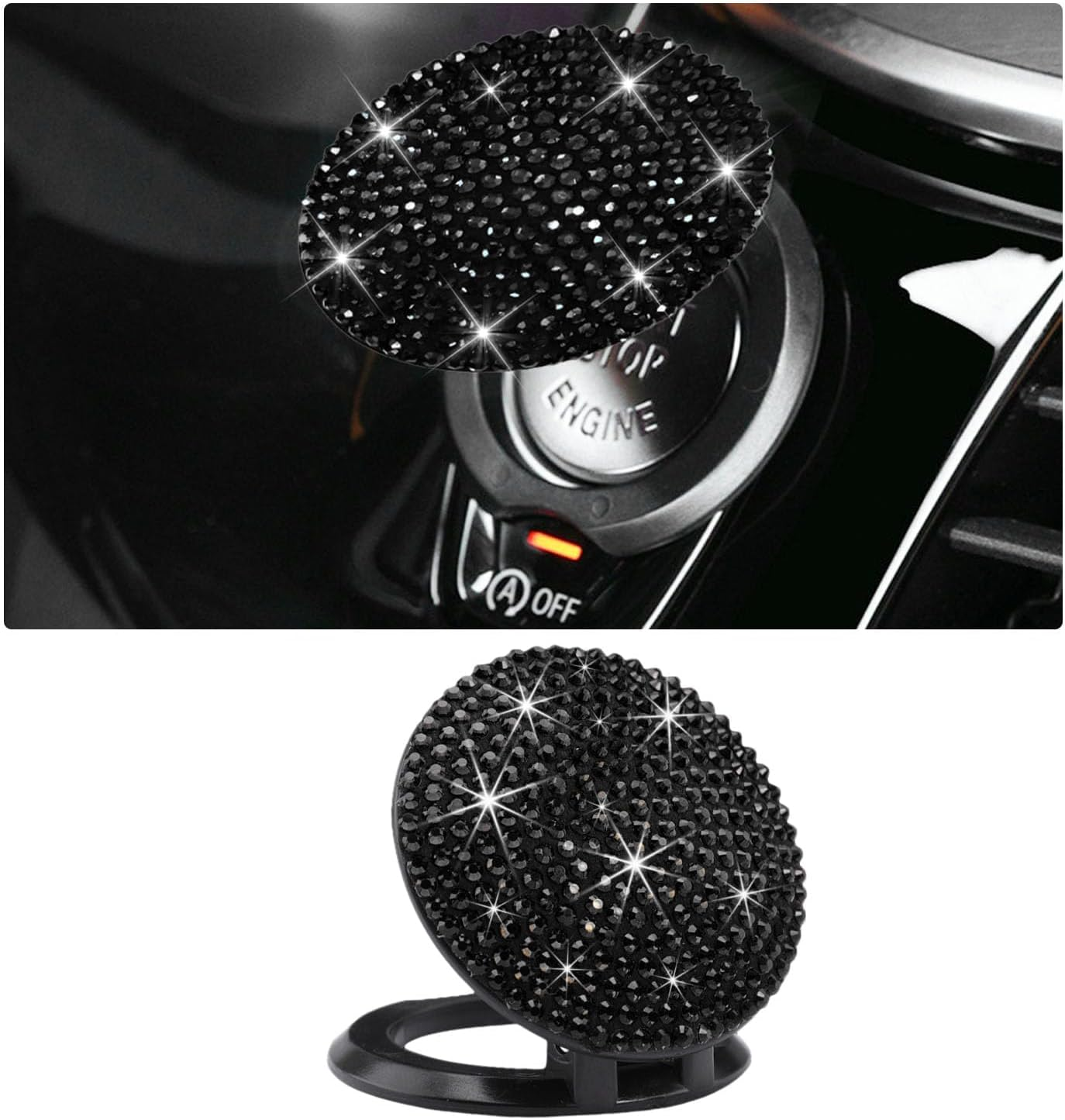 Bling Car Push to Start Button Cover, anti Scratch Ignition Button Protective Cap, Crystal Rhinestone Engine Button Sticker, Universal Auto Interior Decor Accessories (Black)