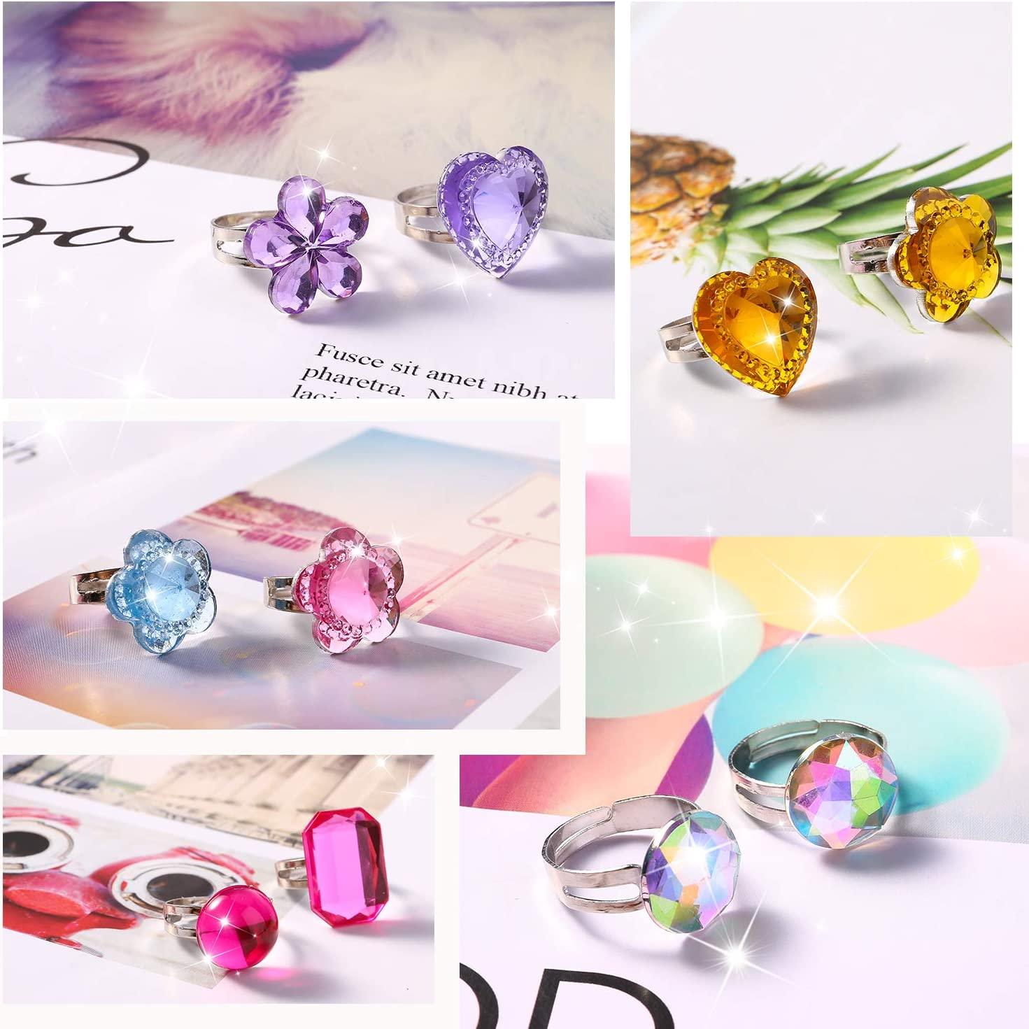 Hifot 24 Pcs Girls Crystal Adjustable Rings, Princess Jewelry Finger Rings with Heart Shape Box, Girl Pretend Play and Dress up Rings for Children Kids Little Girls - Random image number 5