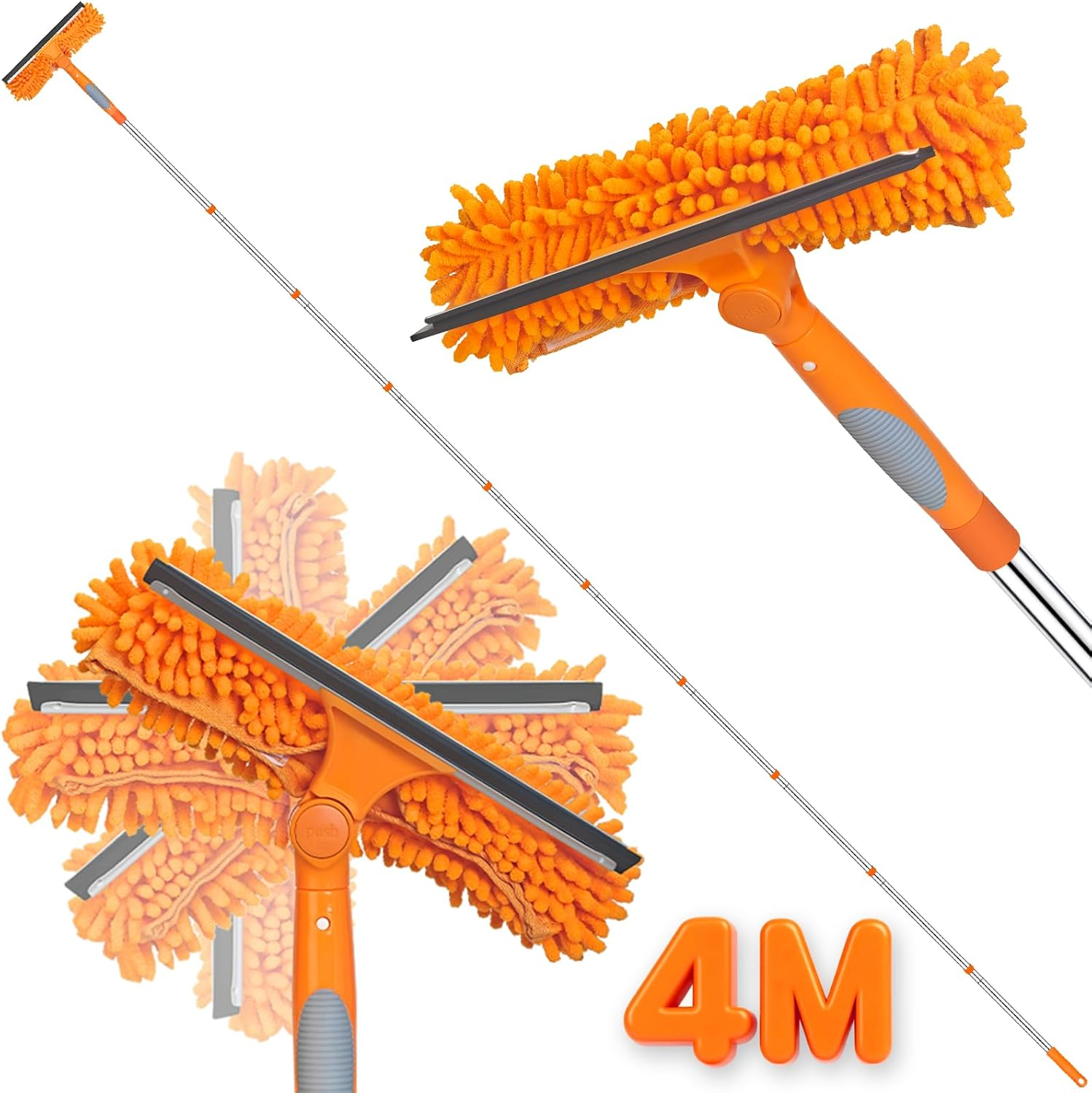 Window Cleaning Equipment, 400Cm Extendable Window Cleaning Pole with Silicone Squeegee & 3 Microfiber Mops, 2In1 Window Cleaning Kit for High Window, Long Reach Telescopic Window Cleaner Tool