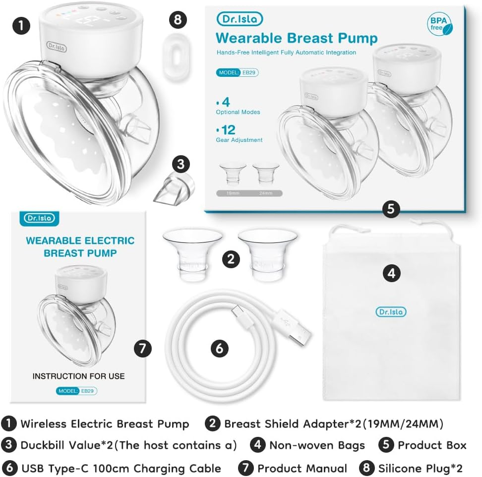 Hands-Free Breast Pump EB29 White, Wearable Pump with Comfortable Double-Sealed Flange(19Mm 24Mm 27Mm), Painless & Silent, 4 Modes & 12 Levels Memory Function for Easy Pumping, Smart Display，8-Piece Set, White image number 3