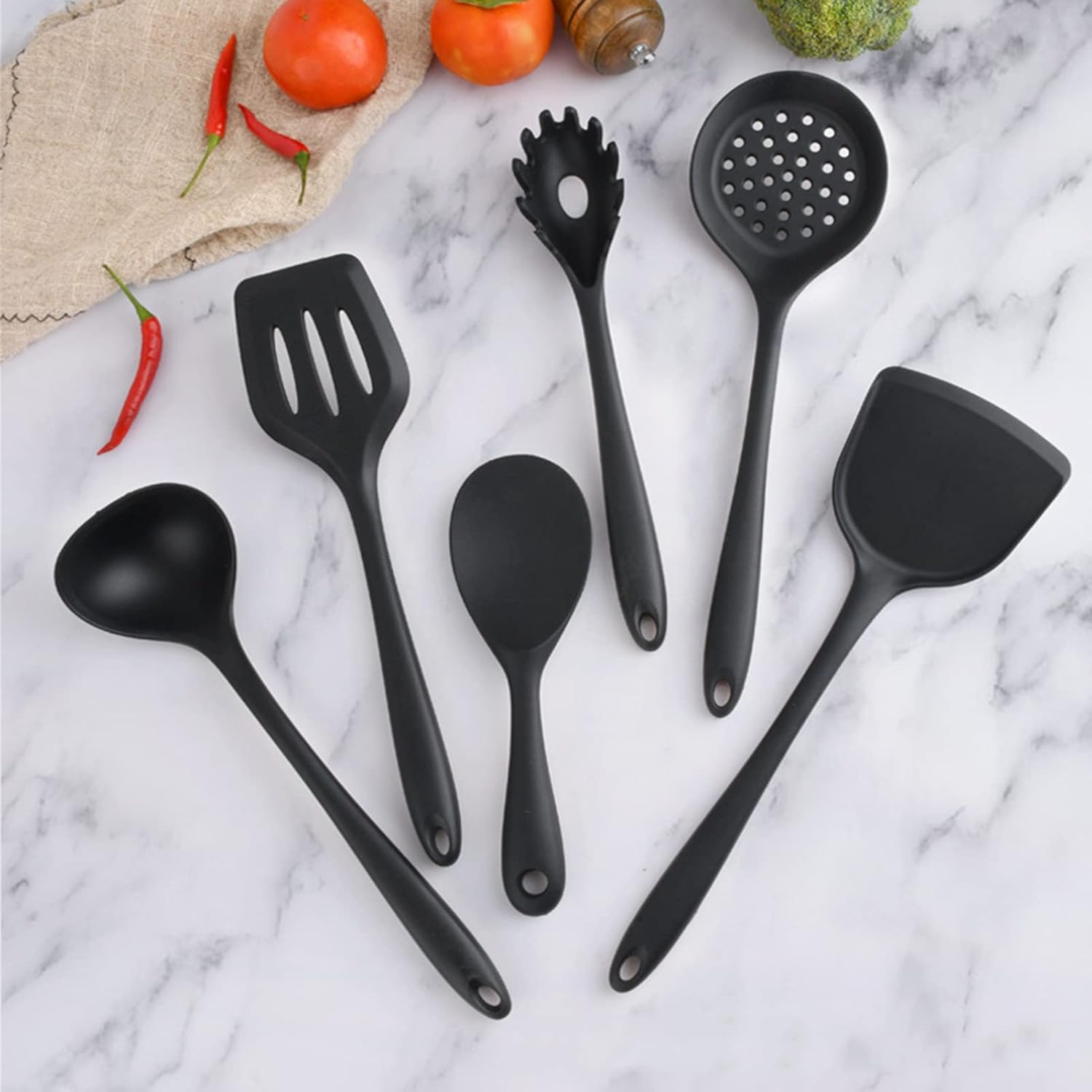 Black Silicone Cooking Utensils,6 Pcs Kitchen Utensil Set,Spatula,Spoon,Brush, Heat Resistant Silicone,Dishwasher Safe, BPA Free image number 2