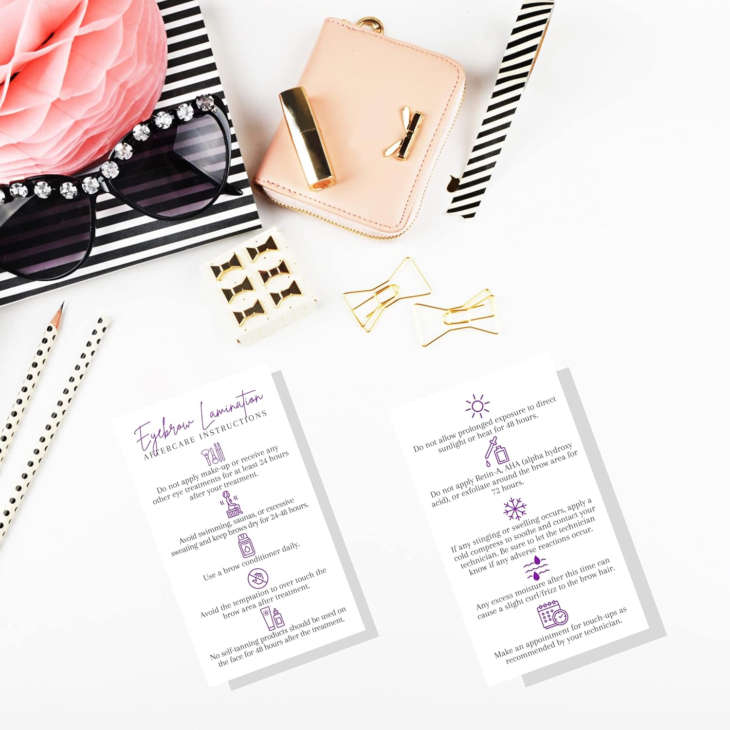 Brow Lamination Aftercare Card | 50 Pack | 2X3.5&rdquo; Inches Business Card Size | Starter Lift Kit at Home DIY Brow Lift and Tint | Snatched Brows White with Purple Design image number 6