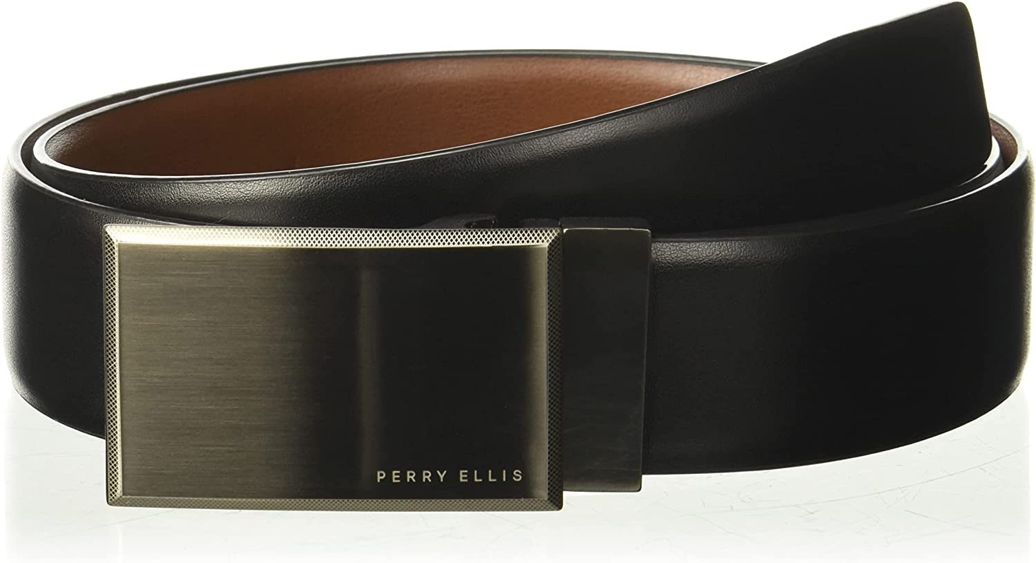 PERRY ELLIS Men'S Portfolio Reversible Patterned Plaque Belt, Black/Brown, 30 image number 1