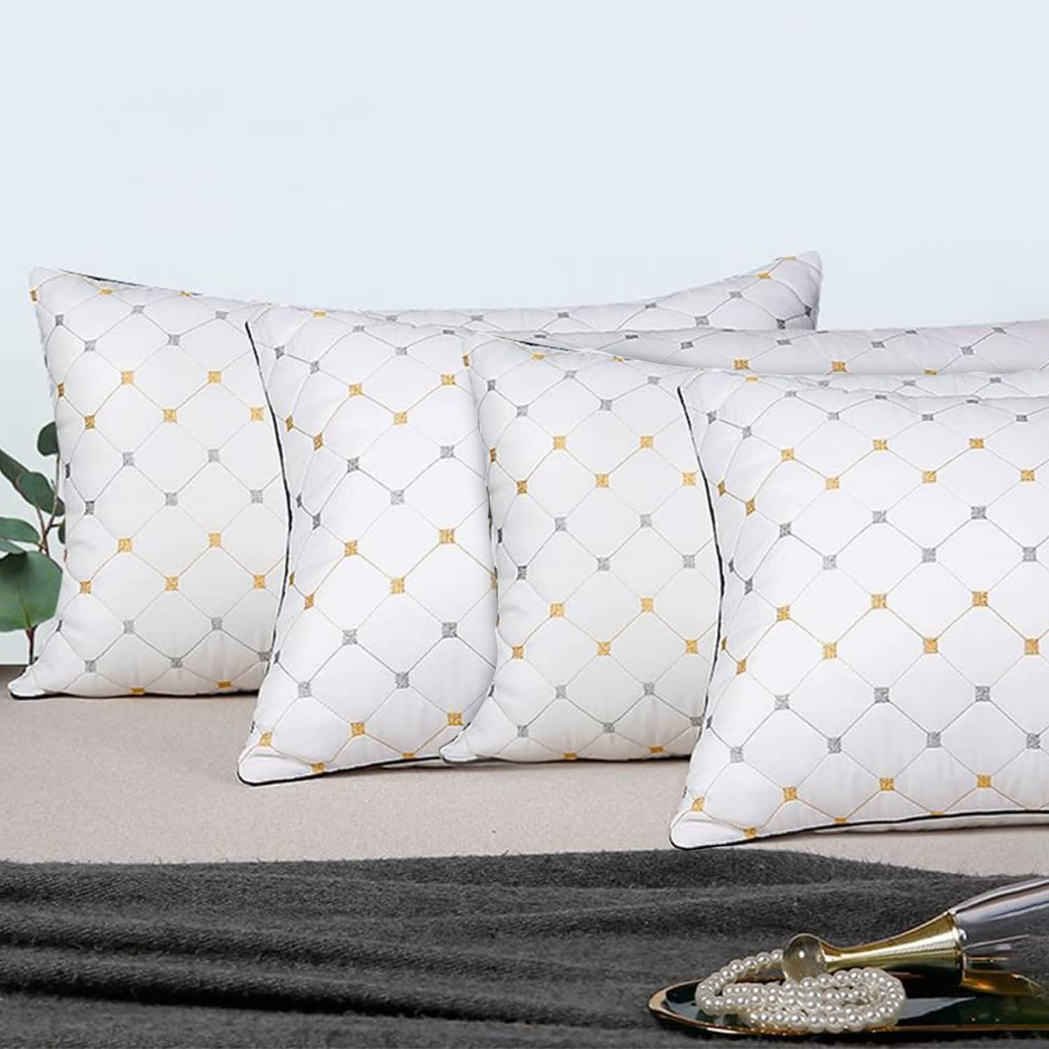 4-Pack Queen Bed Pillows for Sleeping &ndash; Hotel Quality, Hypoallergenic, Soft & Supportive, Medium Height Pillow, Checked Pattern, Removable Cotton Covers, Machine Washable &ndash; 74X48Cm image number 4