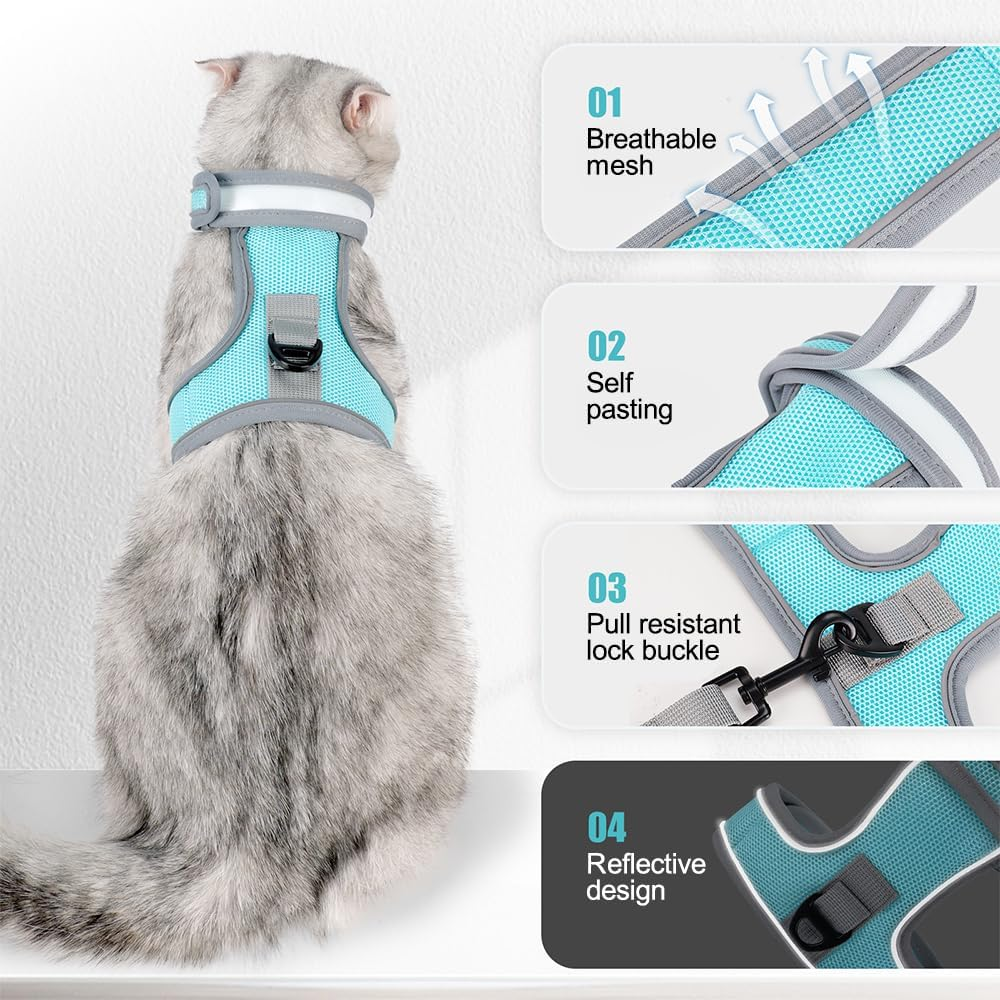 Cat Harness with Lead, Breathable Escape Proof Harness, Cat Lead Set, Adjustable Reflective Cat Mesh Vest for Cats, Kittens, Chihuahua, Rabbits