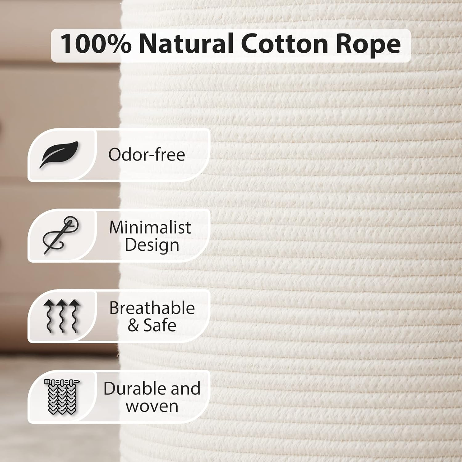 Fiona'S Magic White Woven Rope Laundry Basket, 58L Tall Basket for Blanket Storage, Large Baby Nursery Hamper Laundry, Decorative Clothes Bedroom, Living Room image number 3