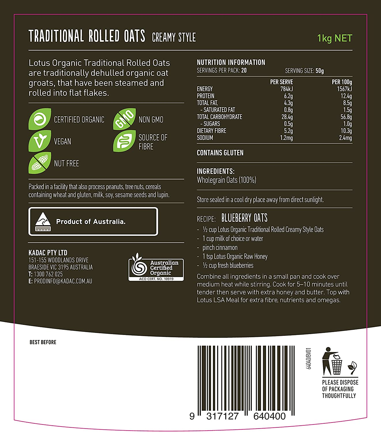 Lotus Organic Traditional Rolled Creamy Style Oats, 1 Kg image number 3