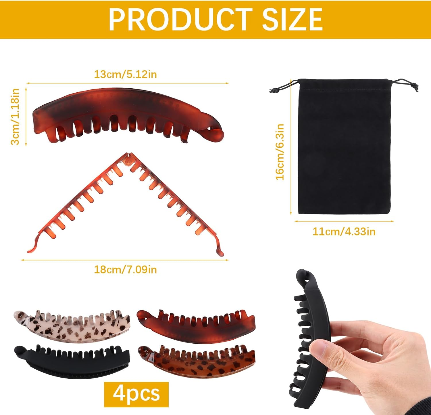 Pack of 4 Large Banana Hair Clips Vintage Ponytail Hair Clip Non-Slip Leopard Hair Clips for Women Girls Thick Medium Hair 4 Colours Hair Clips Women'S Large