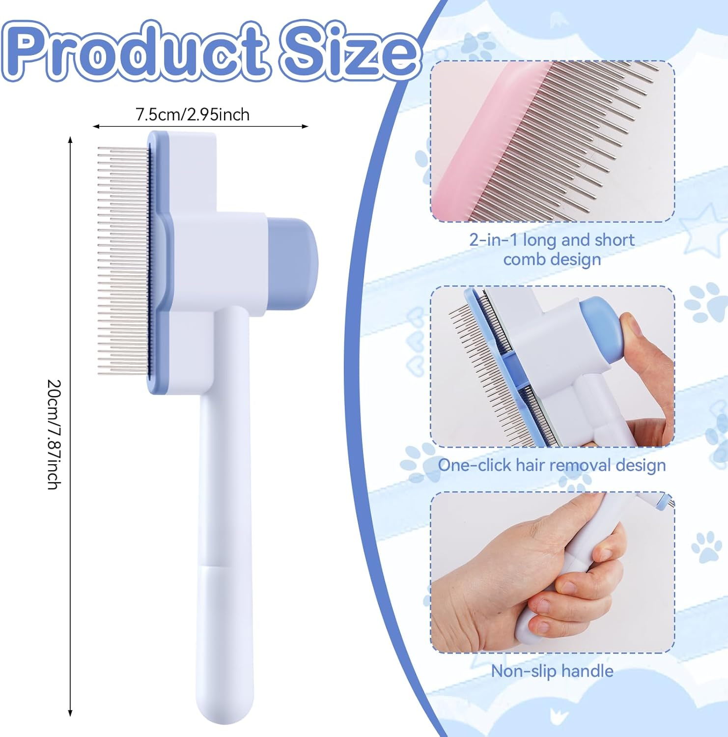 Pack of 2 Fellblitz Cat Brush, Self-Cleaning Flea Comb for Pets, Stainless Steel Metal Teeth Comb, Durable Flea Comb for Cats Dogs with One Button, for Cleaning Loose Knotted Fur