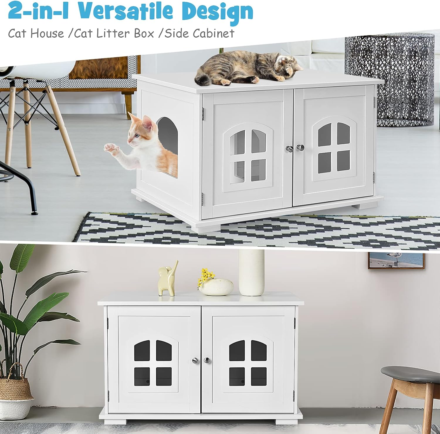 Costway Cat Litter Box Enclosure Furniture Hidden, Wooden Washroom Storage Cabinet Bench W/Cross Windows, Doors&Arched Doorway, Indoor Cat House, Pet House Cover, Side Table for Living Room, Bedroom image number 2