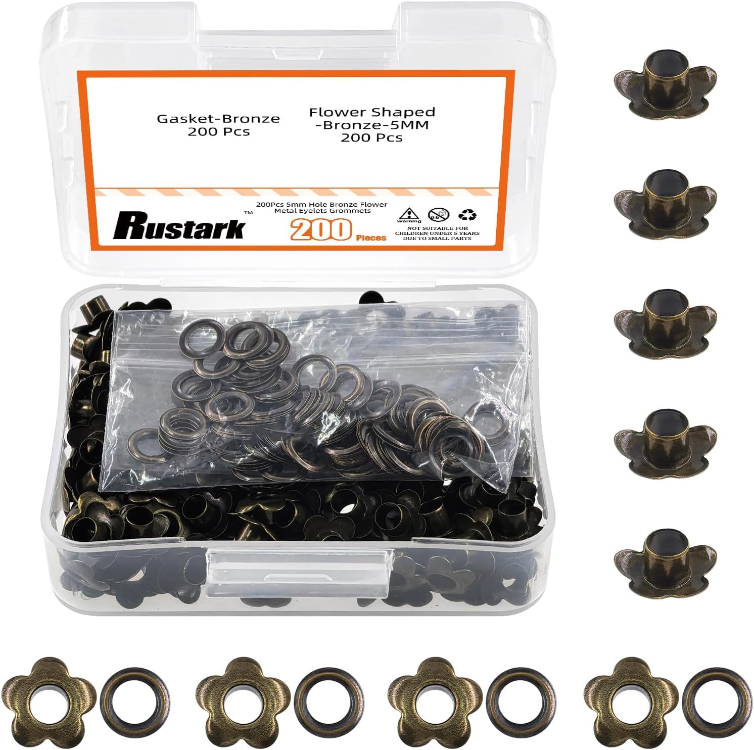 Rustark 200Pcs 5Mm Black Flower Eyelet Grommets Assortment Kit Floral Metal Eyelets Grommets Flower Shaped Craft Eyelets Findings for Shoes Clothes Leather DIY Craft