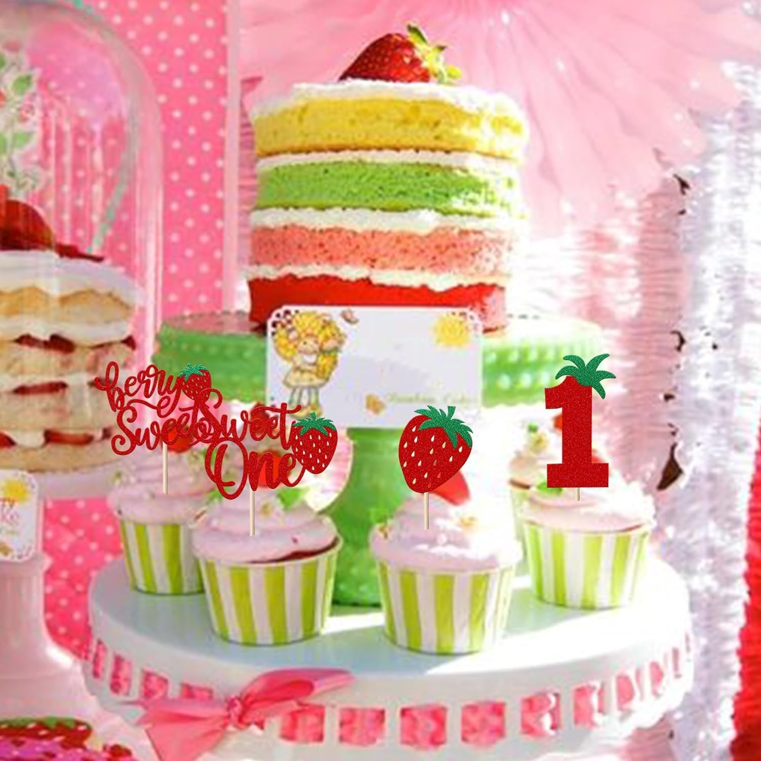 SYKYCTCY 24 Pack Sweet One Cupcake Toppers Glitter First Birthday Strawberry Cupcake Picks for Fruit Baby Shower 1St Birthday Berry Sweet Cupcake Decorations Party Supplies (#1)