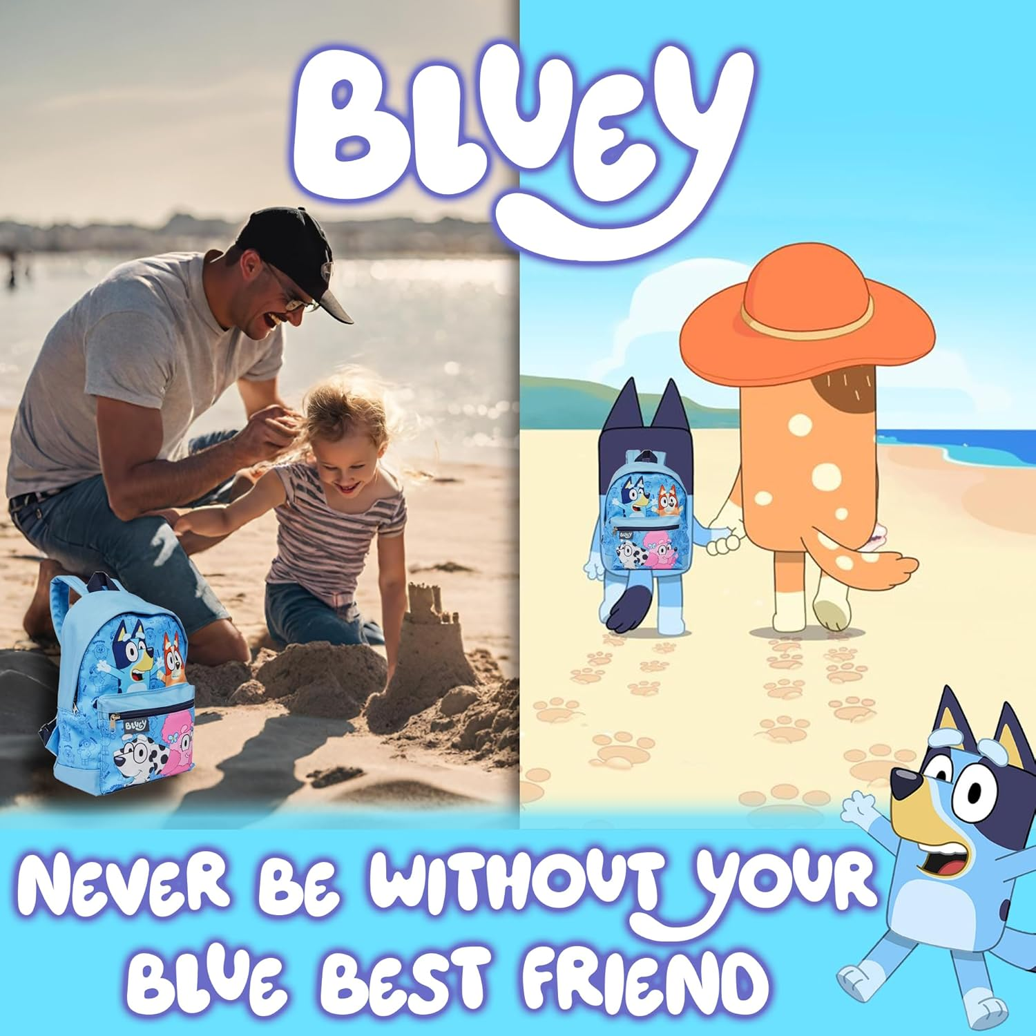 Bluey Backpack Kids School Bag Childrens Boys & Girls Nursery Rucksack, Bingo, Coco & Chloe Print, Blue image number 1