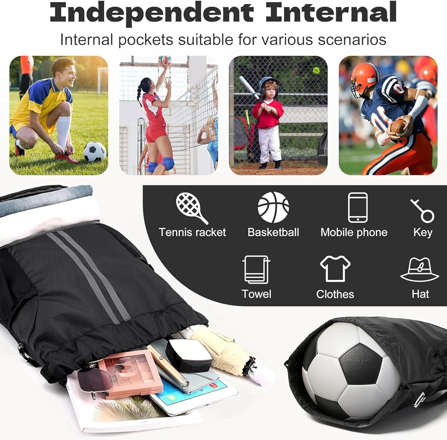 Sports Drawstring Gym Bag with Shoe Bag, Waterproof Drawstring Bag with Wet Pocket & Mesh Bottle Pockets for Women Men, Sport Bag for Swim Travel Fitness Workout